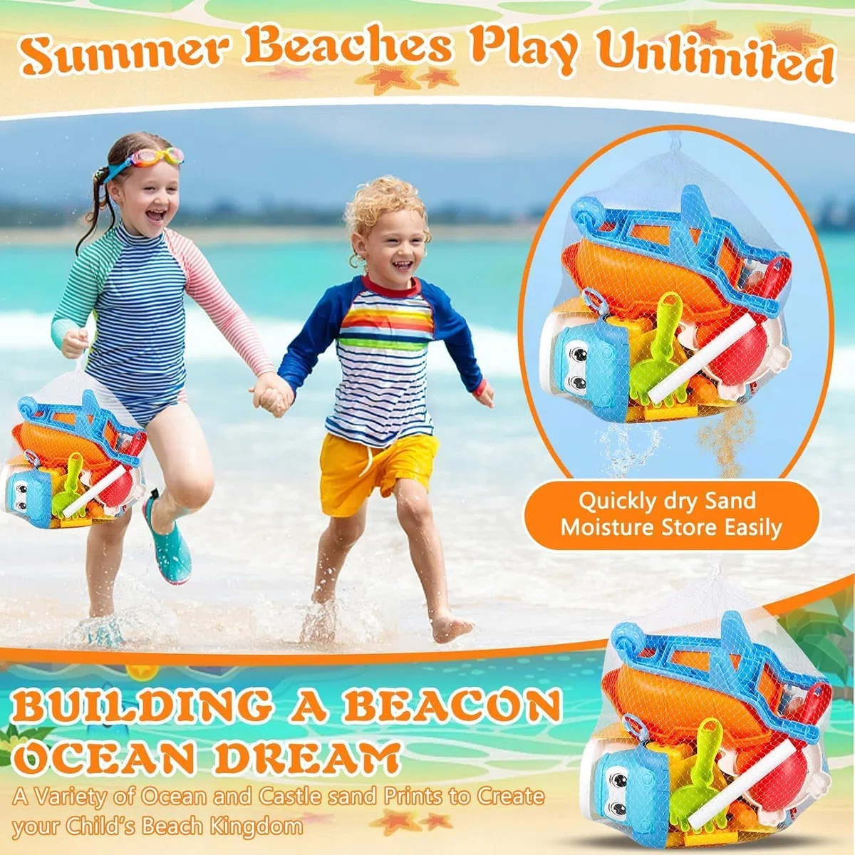 Giocattoli da Spiaggia, 30 Pezzi Spiaggia di Sabbia Giocattoli con Borsa a Rete, Secchiello, Secchiello Spiaggia, Acqua Ruota, Stampi, Giochi Spiaggia Bambini per attività All'aperto Bambini