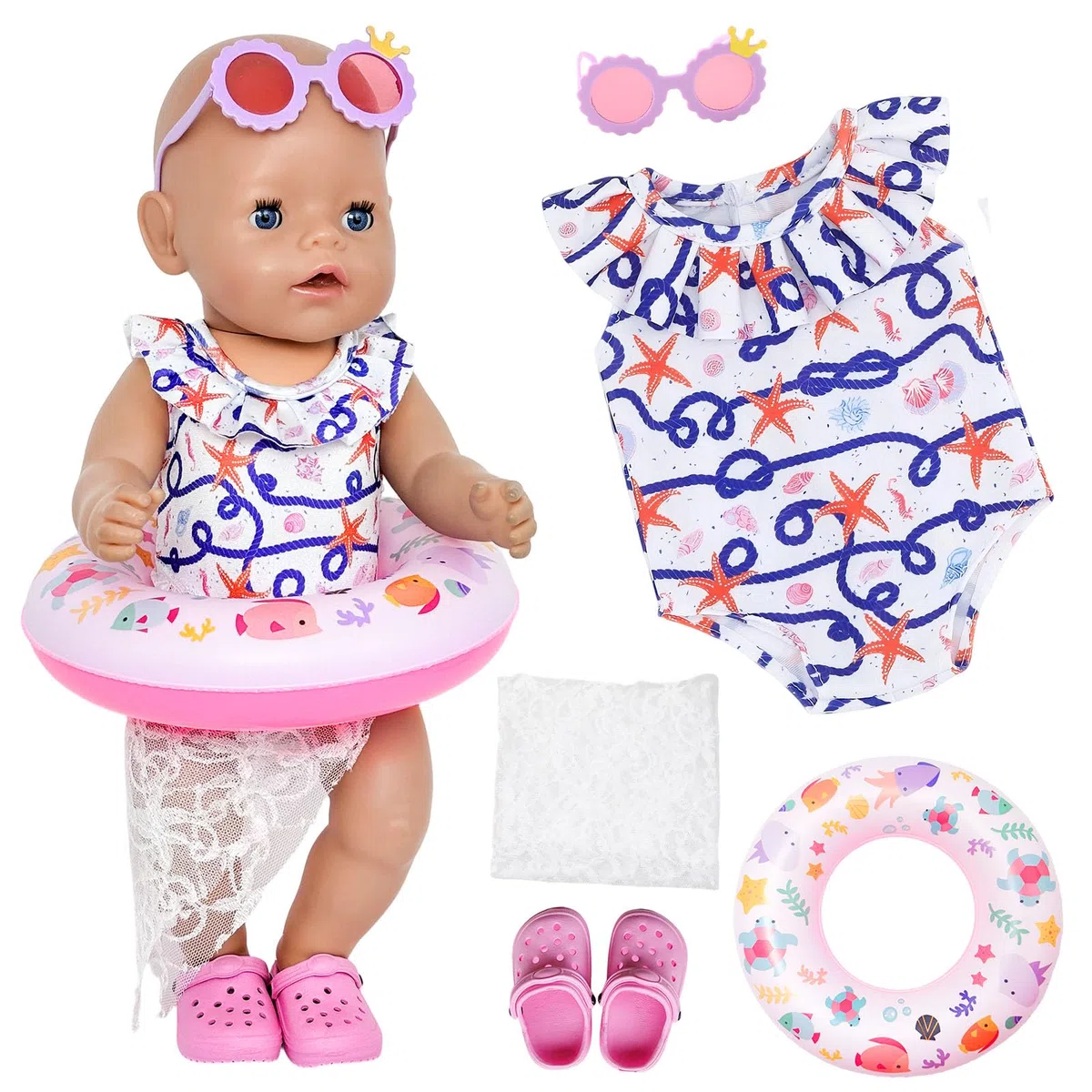 costume da bagno per bambole da 30-45 cm + set di 2 fazzoletti viola + 1 salvagente + 1 paio di scarpe traforate