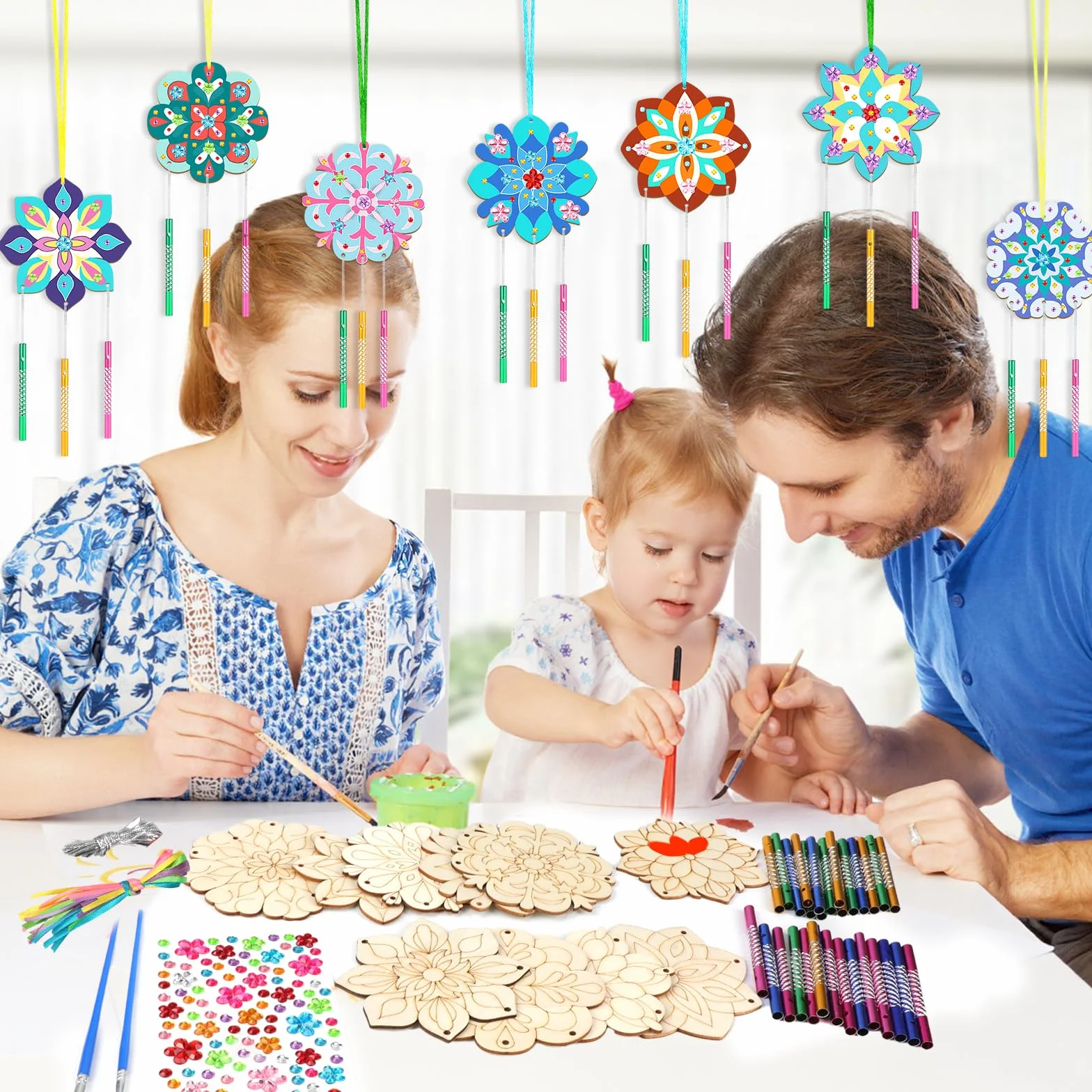 SRIZIAN 10 Kit per Attività creative con il Legno per bambini, Campanelli a Vento per Bambini, Lavoretti Creativi Giocattoli per Decorazione Artigianale Fai Da Te- Mandala