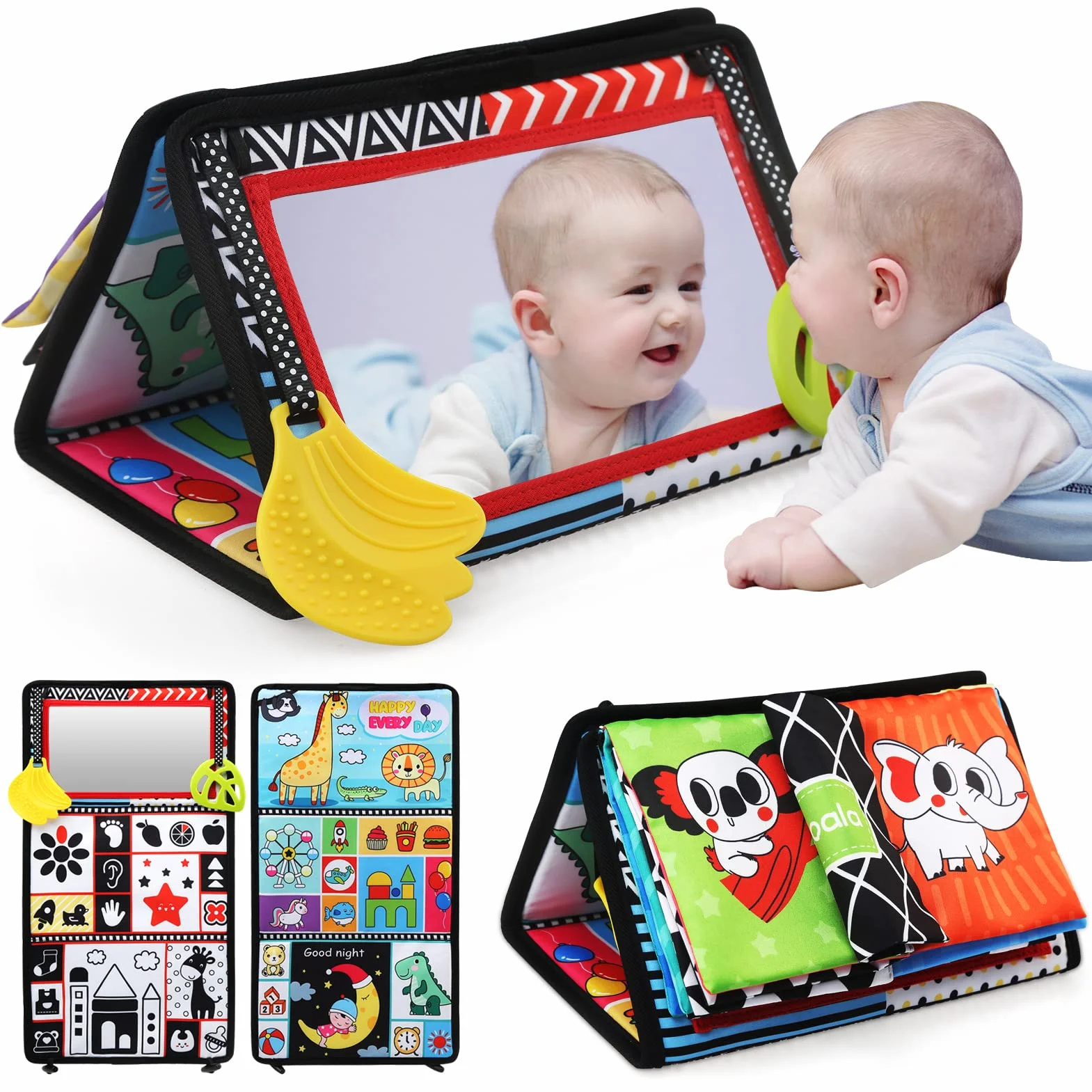 Giochi Montessori Neonato 0 6 9 12 Mesi, Libri di Stoffa con Specchio per Bambini, Sensoriali Morbidi di attività Giocattoli Educativi Interattivo Regali per Bambini 0-36 Mesi