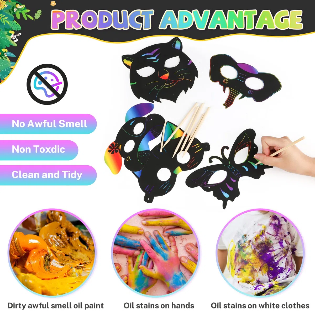 RVLZKCPG 24 Pezzi Scratch Art Maschere per Bambini, Maschera da Grattare per Bambini, Gratta e Vinci per Bambini di Animali con 24 Corde Elastiche e 12 Penne di Legno per Compleanno Festa