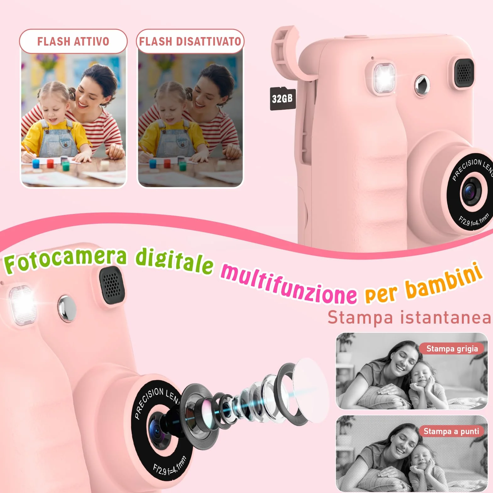 Macchina Fotografica Bambini Istantanea, 2.4" HD Fotocamera Bambini Regalo Bambina 3-10 Anni Macchina Fotografica Digitale Giochi Bambina 3-8 Anni Fotocamera Istantanea Regalo Natale