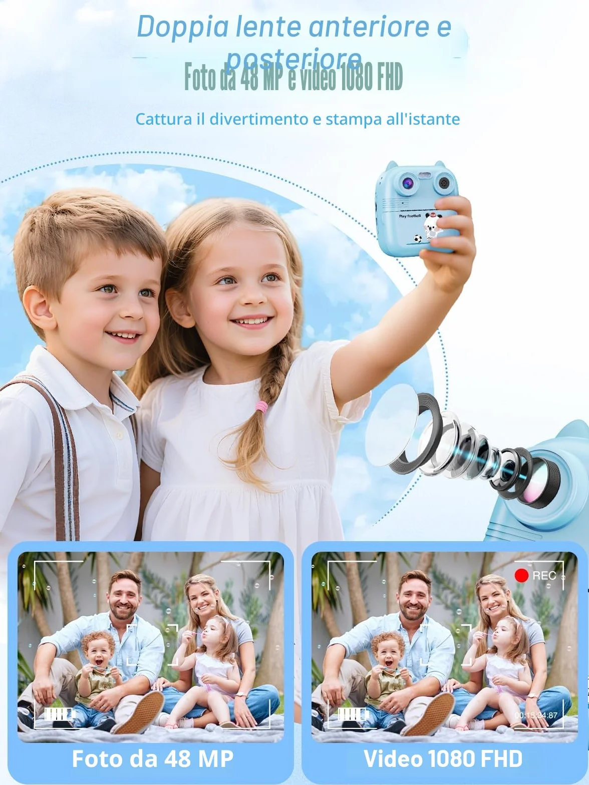 Macchina Fotografica Bambini Istantanea, 48MP e 1080FHD Dual-Camera Obiettivo Fotocamera Digitale con 4 Rulli di Carta da Stampa 2,4 Pollici IPS Schermo di Protezione Oculare 32GB Scheda (Blu)