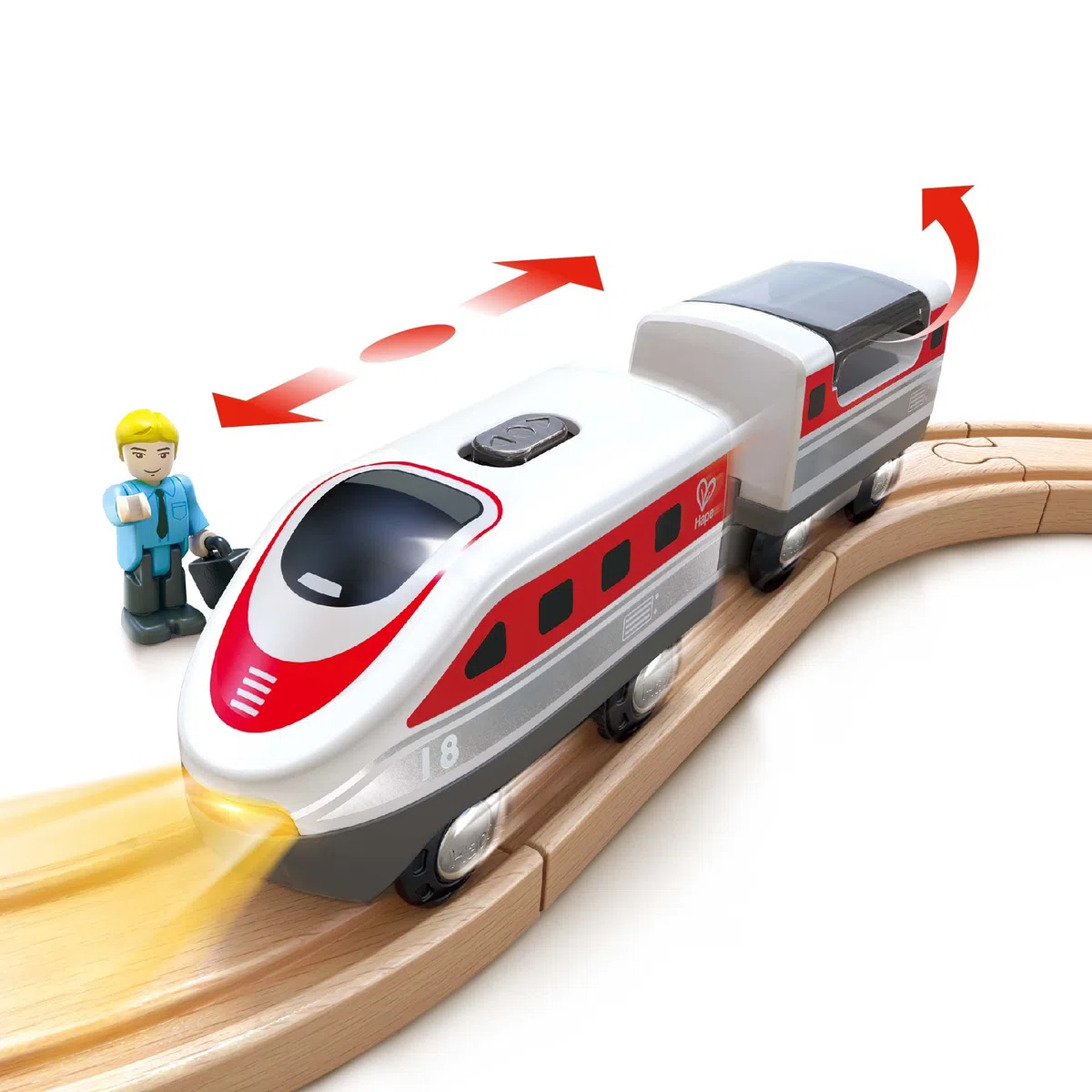 Hape Treno Intercity a batteria - Moderno trenino passeggeri bianco e rosso con tetto apribile per bambini dai 3 anni in su