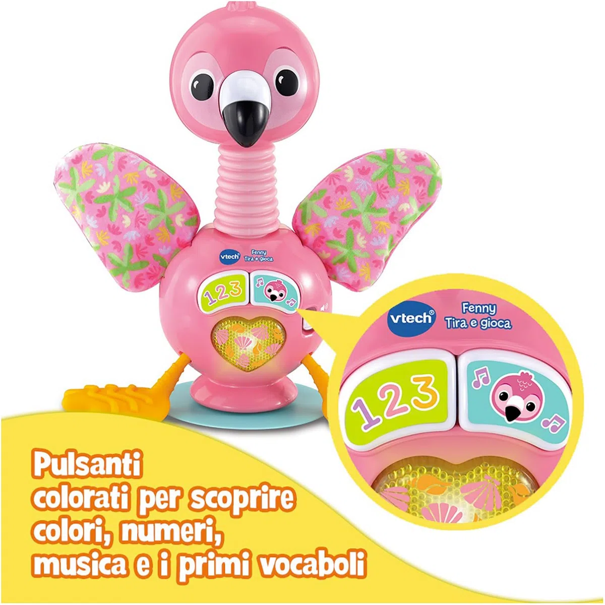 VTech Fenny, Tira e Gioca, Fenicottero Interattivo Sensoriale con Luci e Suoni per Bambini, Gioco Neonato Sensoriale con Base con Ventosa per Stabilità, Lingua Italiana, Batterie Incluse, 3-24 Mesi