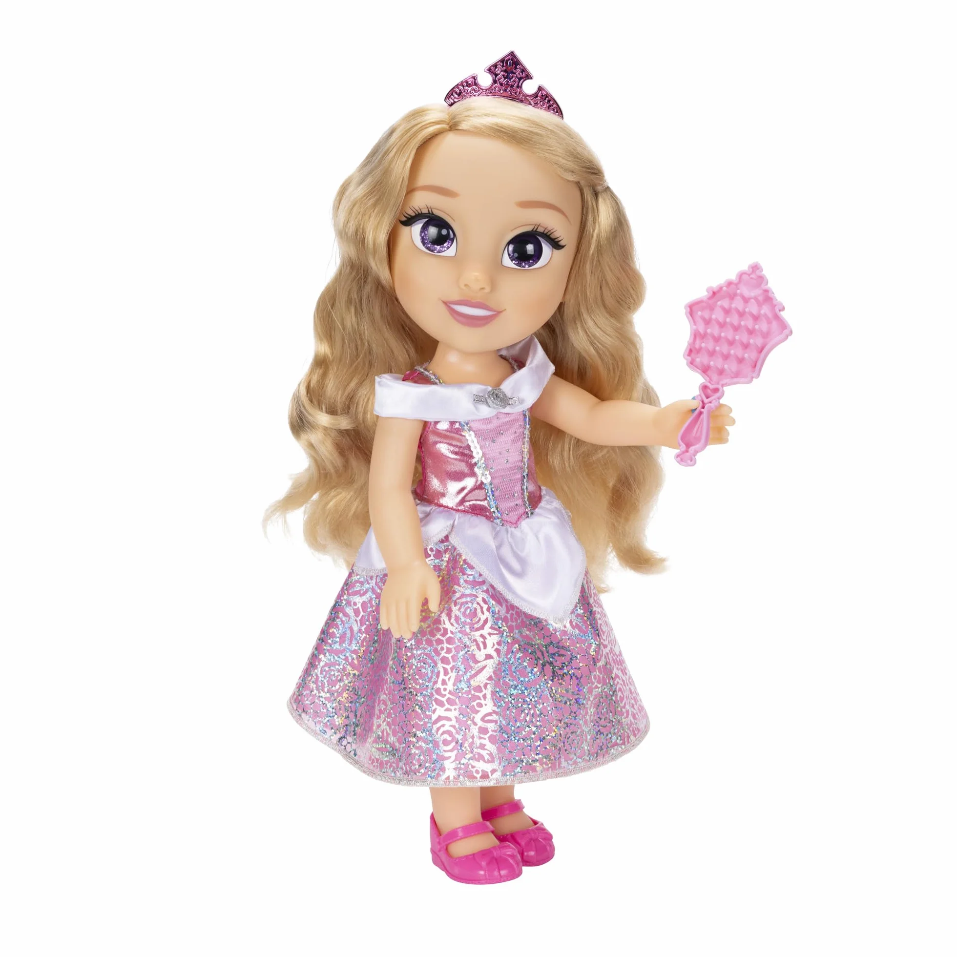 Disney Princess – bambola 38 cm di Aurora, con i suoi abiti iconici arricchiti da dettagli glitterati, tiara scintillante e scarpette coordinate, i suoi occhi brillano
