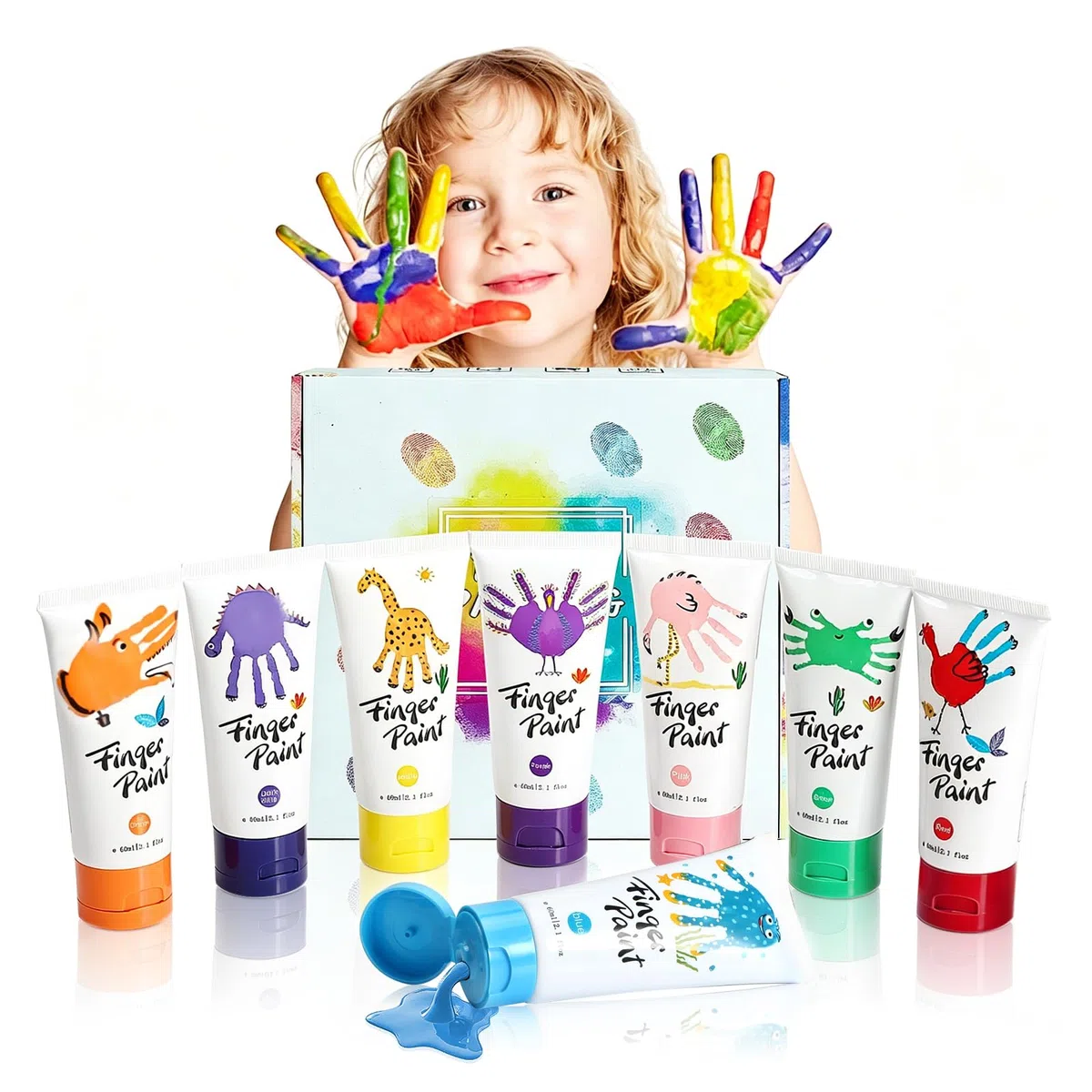 Tempere Lavabili per Bambini, 8Colori * 60ml Colori a Dita per Bambini Atossici, Pittura per Bambini Lavabile con Libro da Disegno, Finger Paint con Grembiule, per Apprendimento Precoce