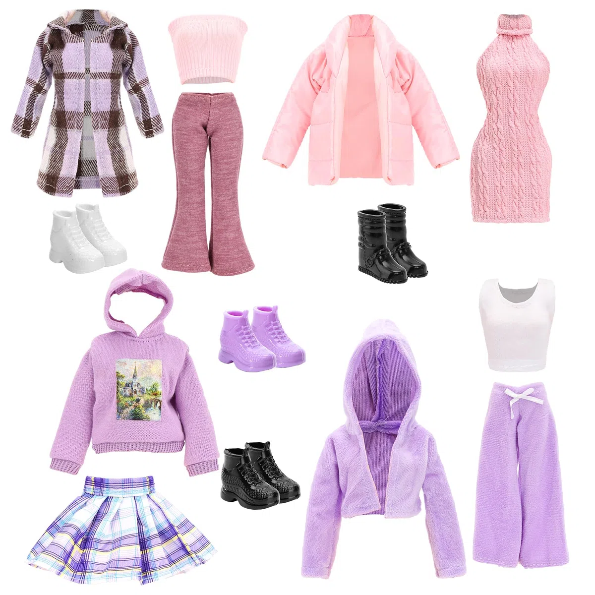 Miunana 9 Pezzi Abbigliamento e Accessori per Bambole Ragazze da 11,5 Pollici Abbigliamento Casual Piumino Giacca Outfits Vestito Maglione Pantaloni Gonna con 4 Scarpe Regalo per Ragazze