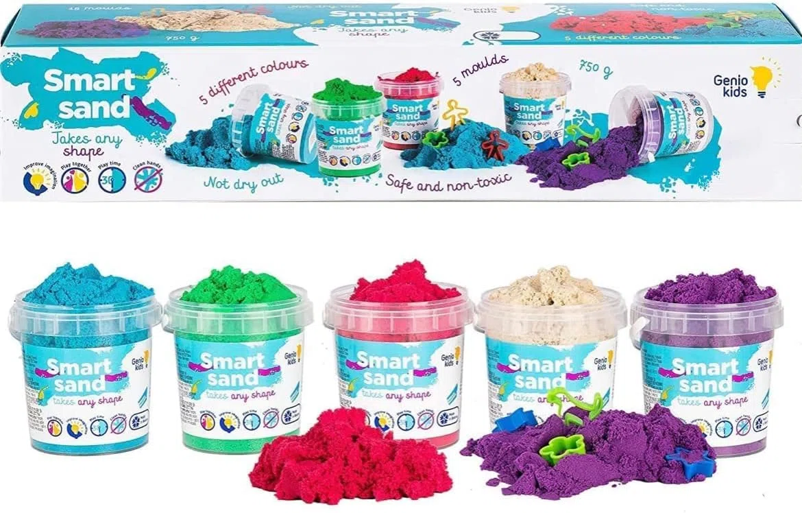 Set Sabbia Magica per Bambini 0,75 kg, Naturale Sabbia Colorata di 1kg in 5 colori: naturale, rosa, verde, blu, viola, con Formine, Regalo per Bambini (Classic)