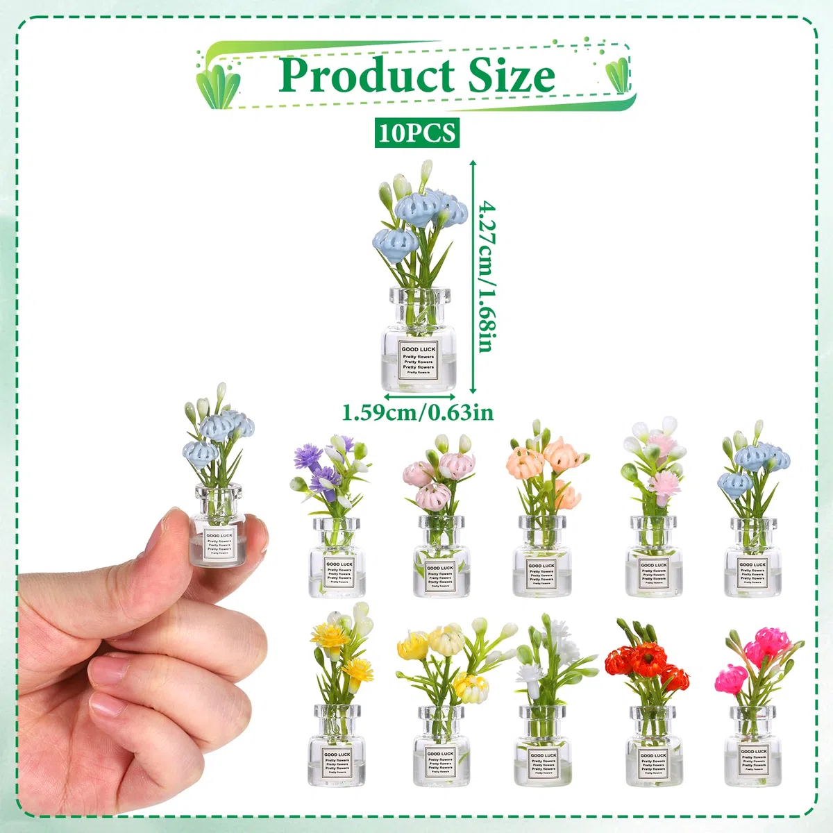 Ptwola 10 fiori in miniatura, pianta per casa delle bambole in vaso, realistico, vaso di vetro floreale, decorazione per la casa, piccole composizioni di piante, decorazione per case piccole, micro