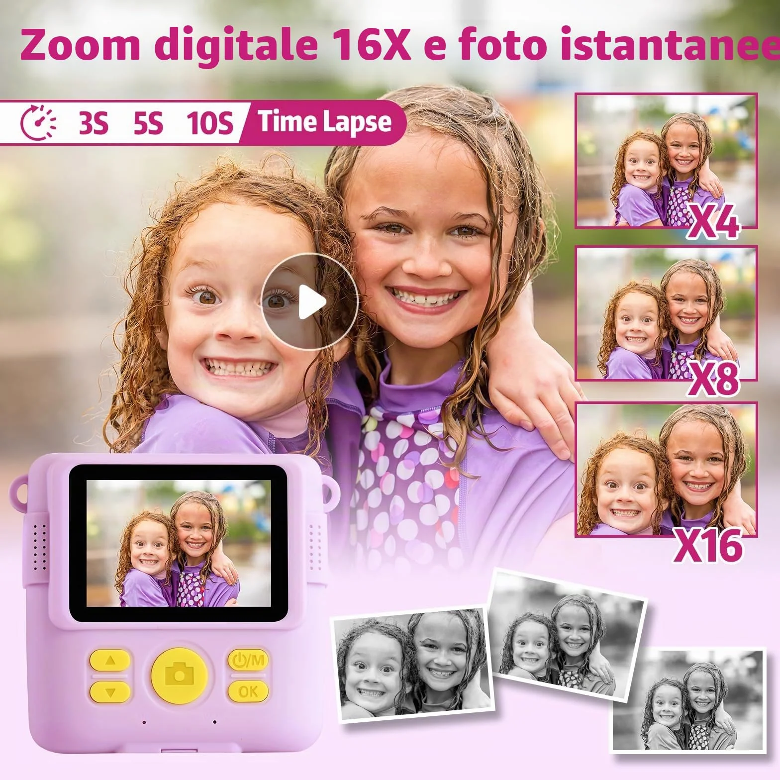 CHRERNA Macchina Fotografica Bambini Istantanea,2,4 Pollici Fotocamera Istantanea Bambini con 32GB Scheda, 1080P HD Fotocamera Digitale Bambina, Regalo per Ragazze Ragazzi da 3-12 Anni