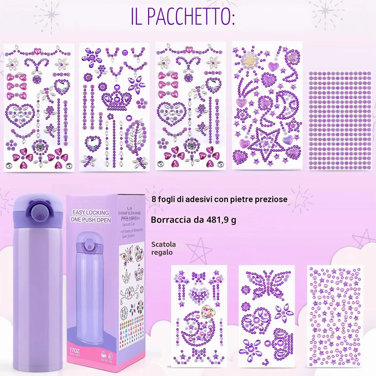 Regalo Bambina 5 6 7 8 9 10 11 Anni, Kit Borraccia Fai Da Te con Gemma Adesivi, Regali per Ragazze DIY Bottiglia D'acqua Bambini, Regali di Compleanno Ragazza 4-12 Anni, Bottiglia Termica Scuola