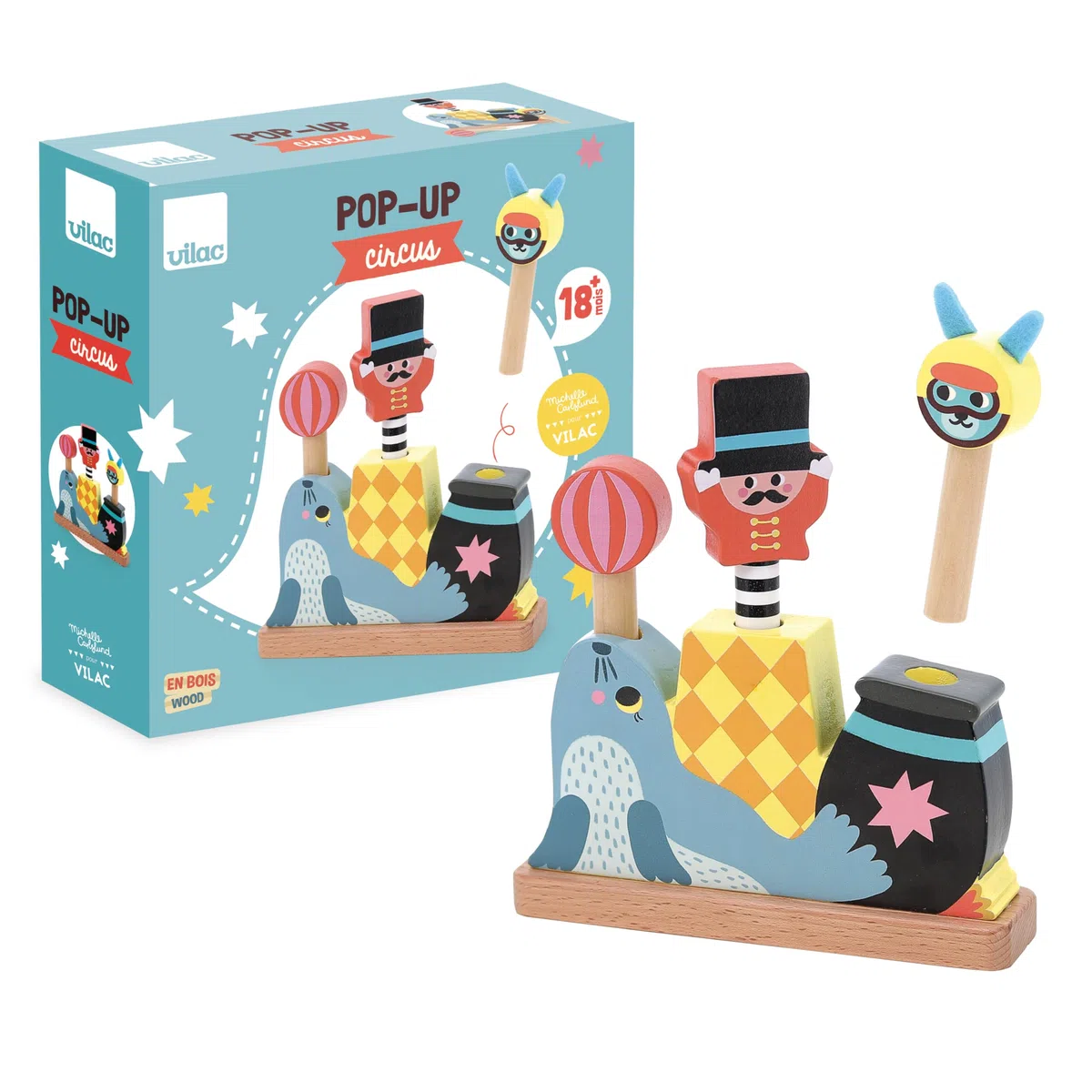 Vilac Pop-up Circus-Michelle Carlslund Prima età-1 Base Circo 3 Personaggi Giochi di risveglio Legno-Giocattolo per Bambini dai 18 mesi-8573, 8573