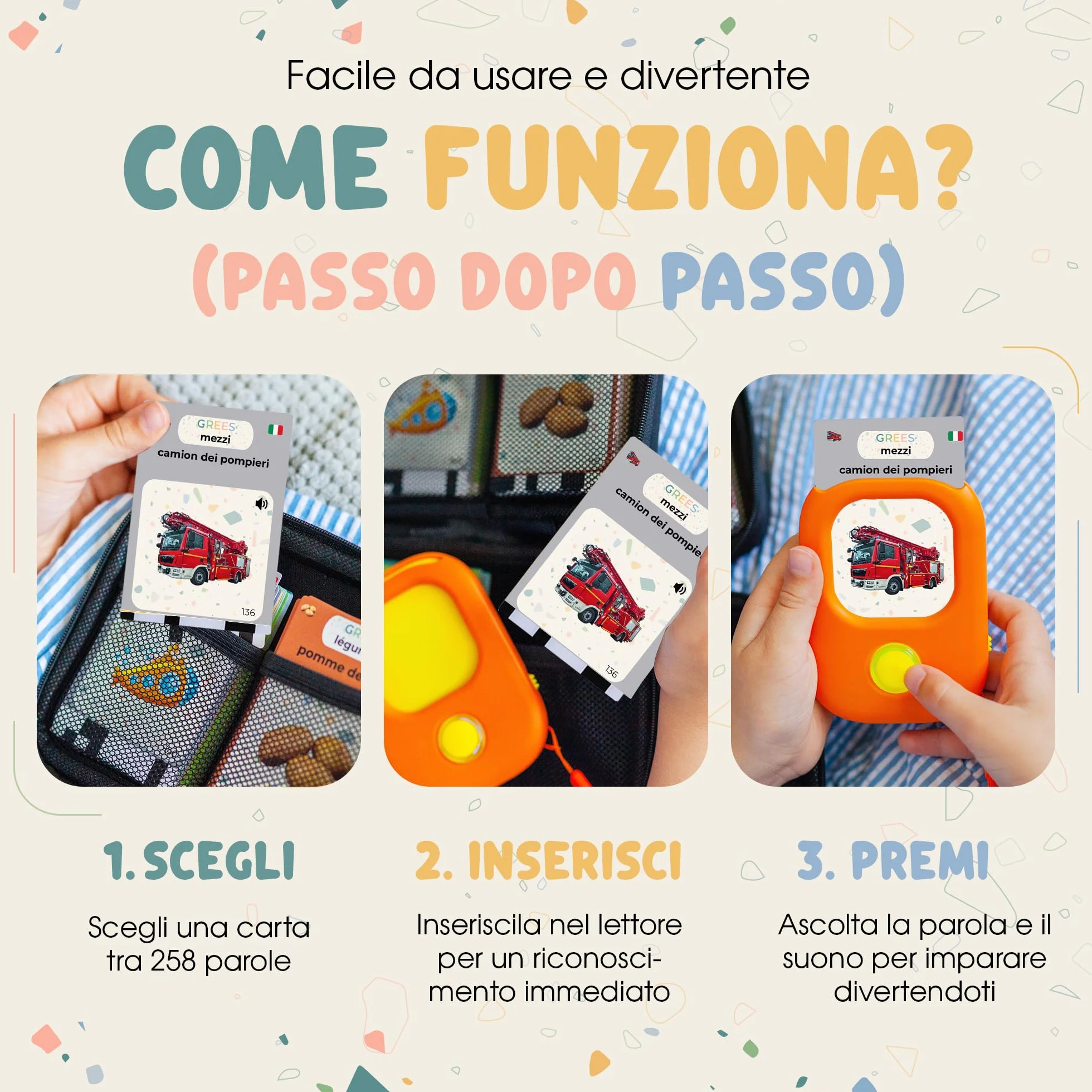 GREES Lettore Carte Educative Parlanti con Borsa | Flash Cards 258 Parole Italiano, 12 Temi | Giocattoli Montessori Senza Schermo Bambini 2-7 Anni | Linguaggio, Logopedia, Autismo | Regalo Compleanno