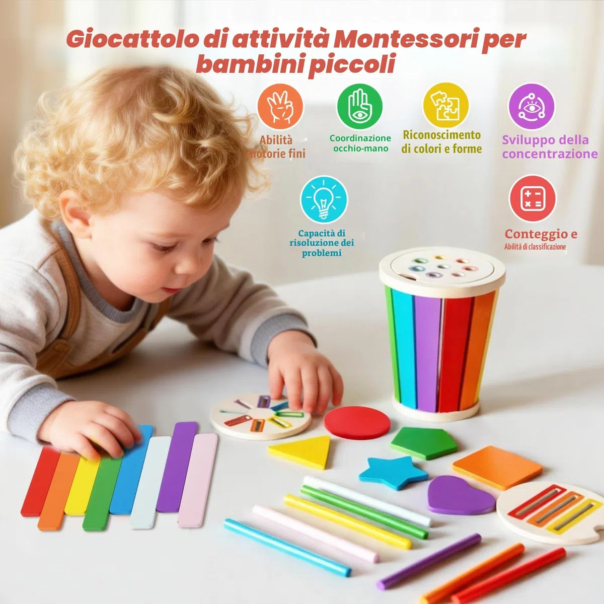 Giochi Montessori 1 2 3 Anni, Giochi Incastri in Legno per Bambini, Imparare Forme e Colori, Motricità Fine, Gioco da Viaggio Bambini, Regalo Bimbo, Giocattolo Sensoriale