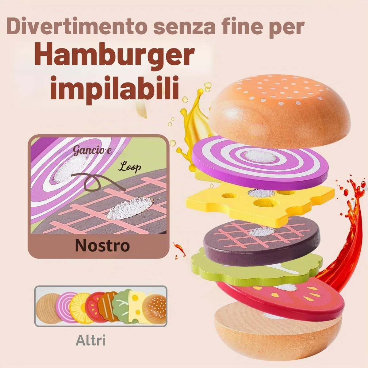 Cibo Giocattolo per Bambini, Set di Legno per Hamburger e Patatine Fritte, Fast Food Playset, Alimenti Finto, Accessori Cucinetta, Giochi in Cucina per 2 3 4 5 6 Anni, Regalo Bambino
