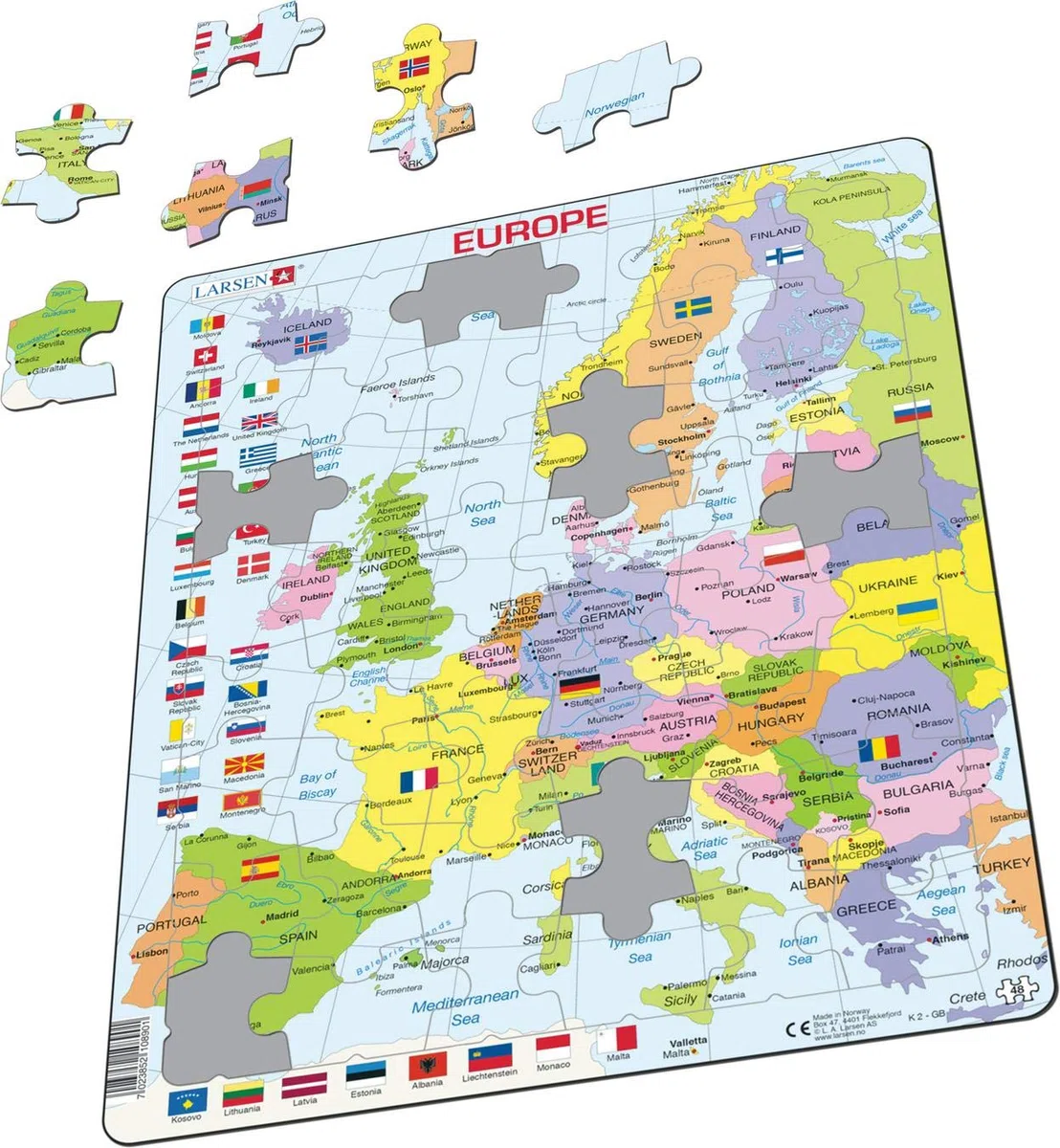 Larsen K2 Mappa politica dell'Europa, edizione Spagnolo, Puzzle Incorniciato con 48 pezzi