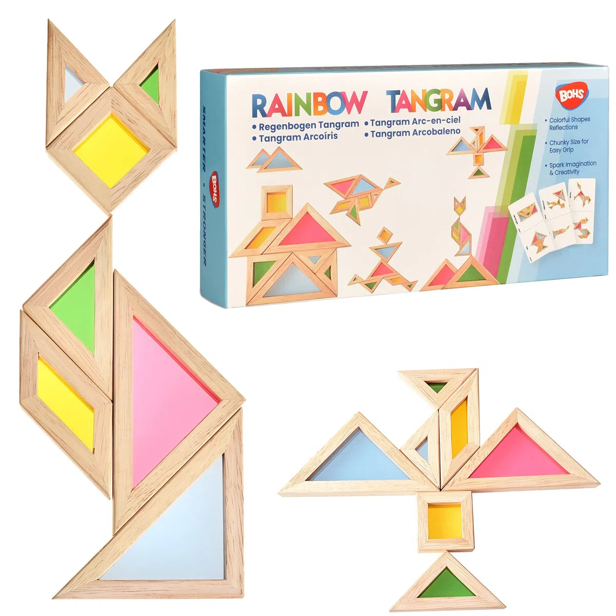 BOHS Tangram Traslucido con Carte Attività Multilingue - Spessore 1 pollice - Blocco Modello Regalo Prescolare - Puzzle da Tavolo Luminoso/Giocattoli con Finestra