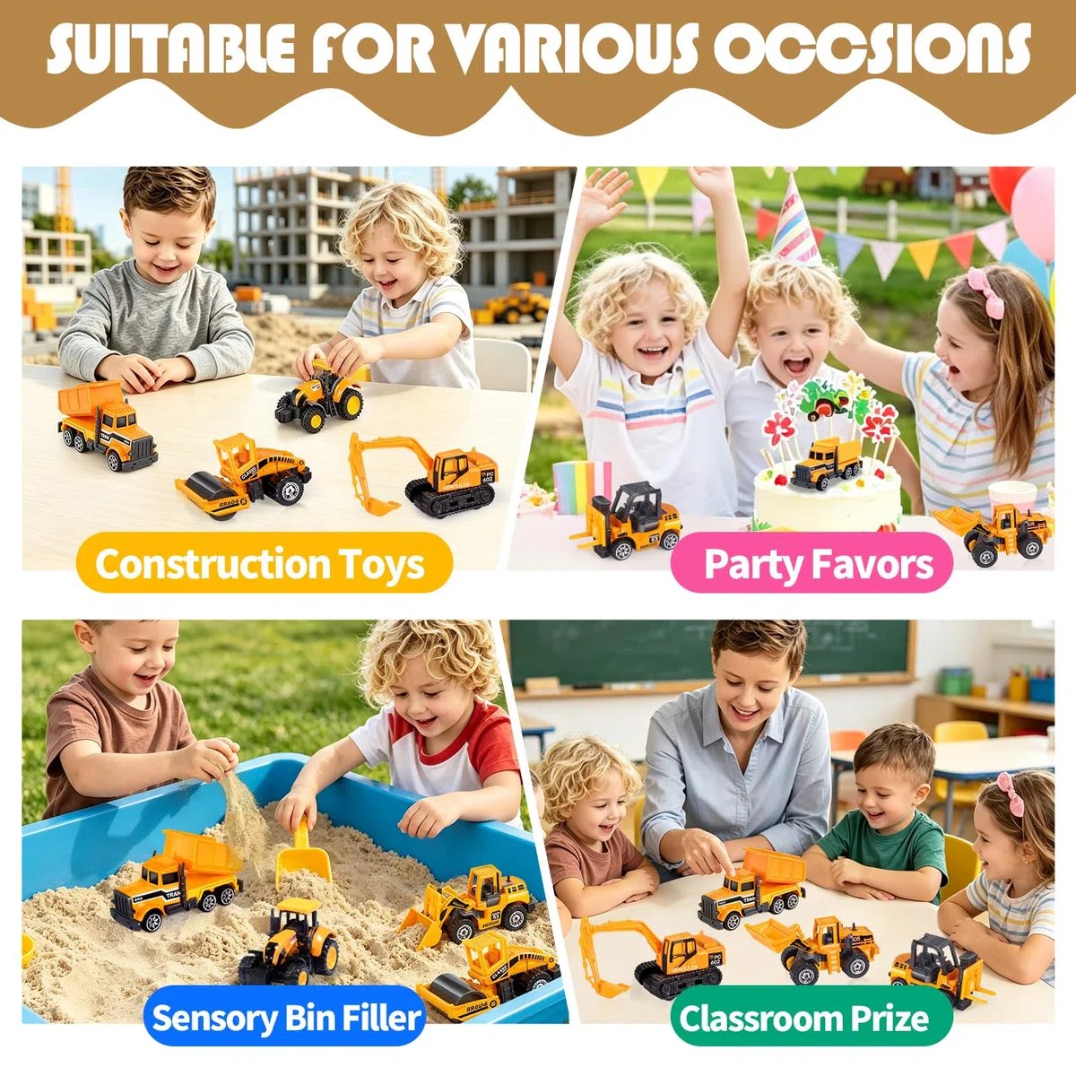 Oriate Veicoli da cantiere, set da 6 pezzi, bulldozer, carrello elevatore, escavatore e altre auto giocattolo educative per interni ed esterni, mini modelli di auto, regalo per la festa dei bambini