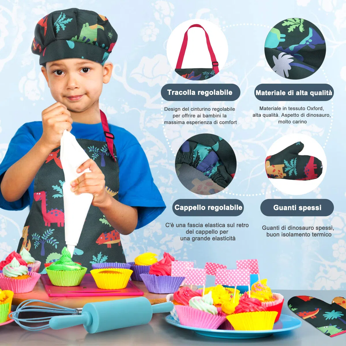 Anpro 27 Pezzi Set da Cucina per Bambini, Dinosauro Set di Chef Gioco di Utensili Bambini da Accessori, Cuoco Cappello Utensili da Cucina Mitt, Ideale Regalo di Compleanno e Natale, 3-7 Anni