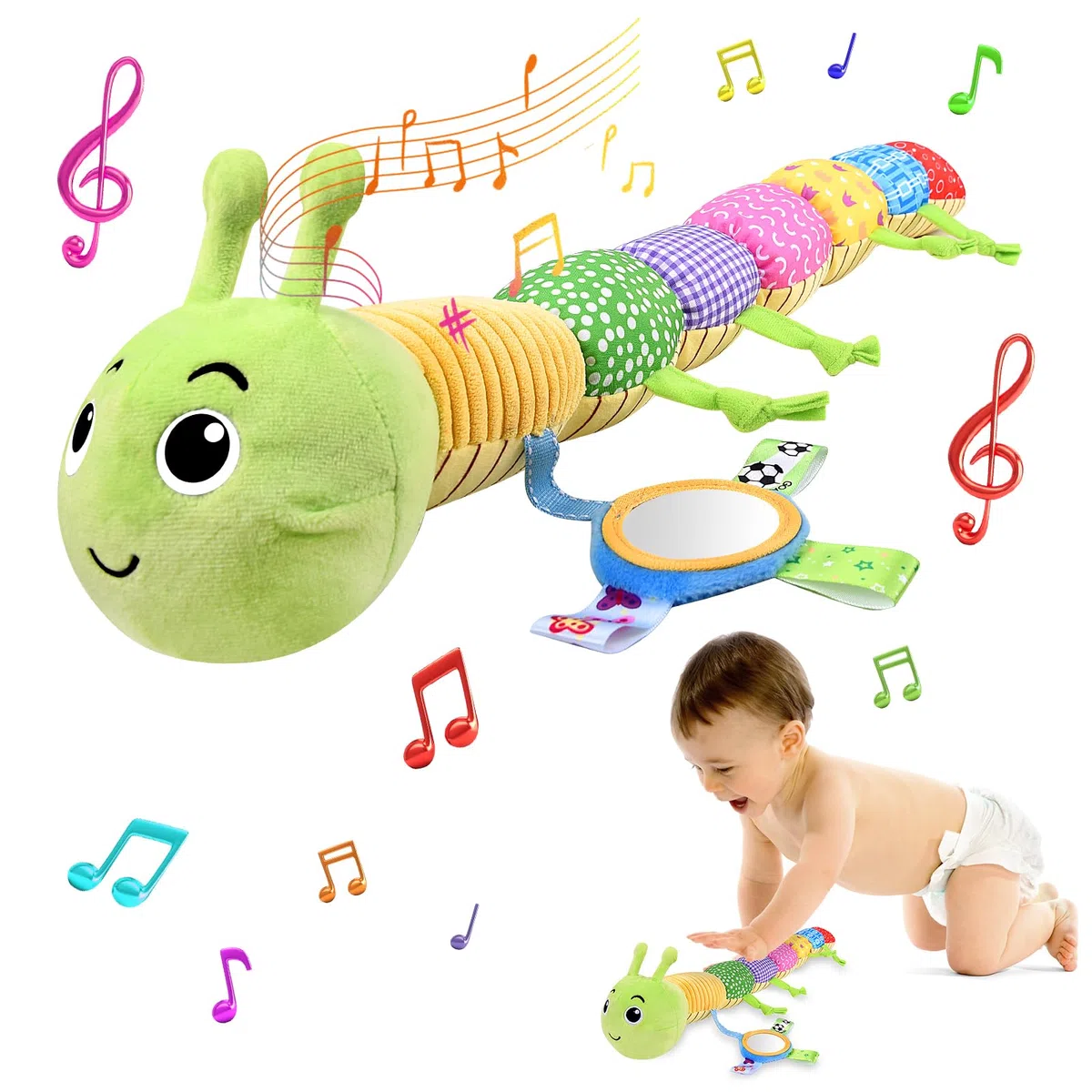Herenear Bruco Musicale Peluche Giocattolo, Cuscino Grande Morbido Con Increspature Multisensoriali per Infantili