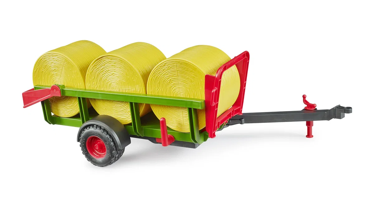 bruder 02204 - Raccoglitore di balle rotonde con 3 balle rotonde - Accessori per trattori, rimorchio per balle, fattoria, agricoltura, giocattoli