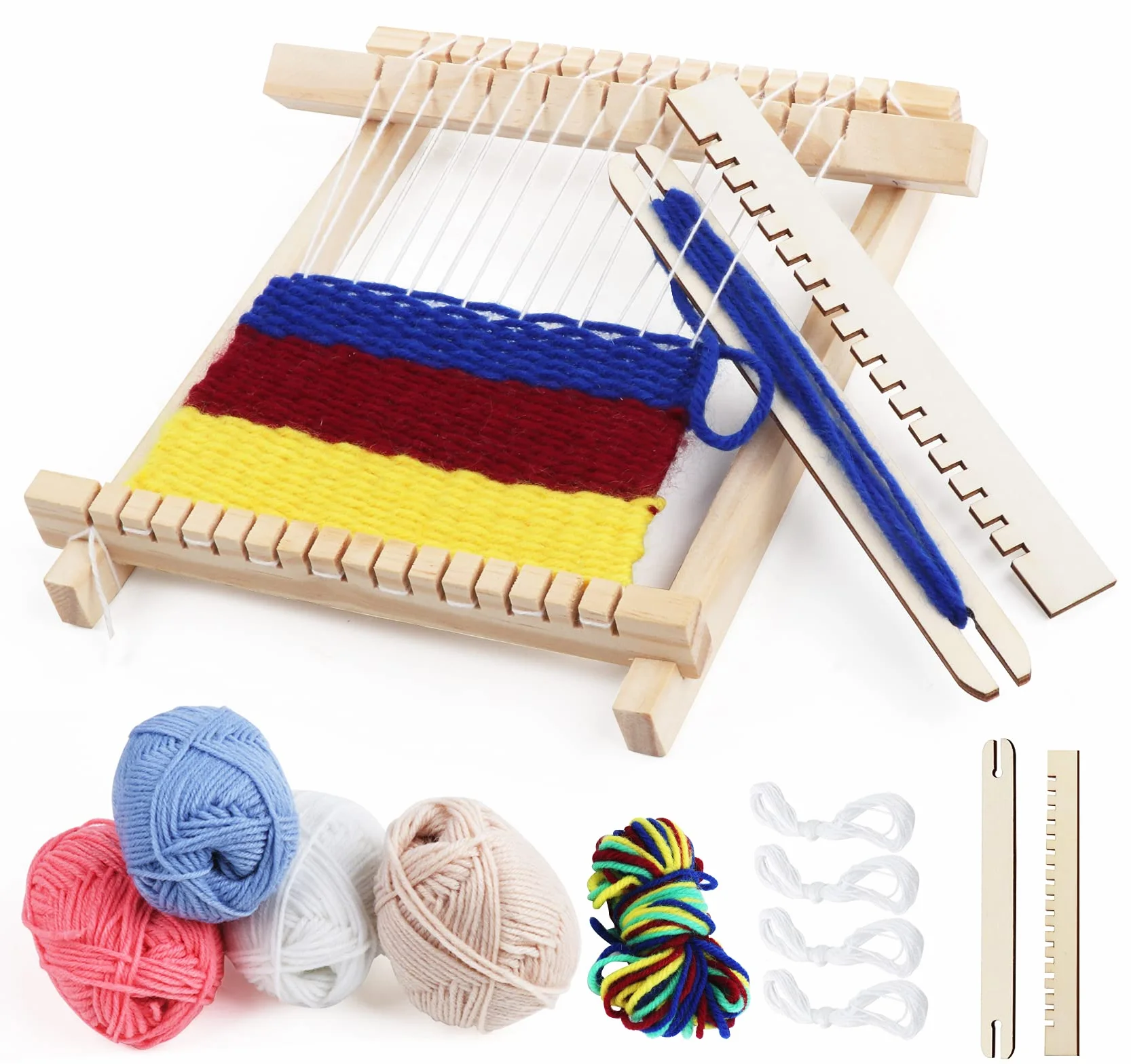 Homewit Kit di tessitura per bambini, 22 x 17 cm, telaio in legno con lana colorata, filo per catena e accessori, ideale per principianti e bambini
