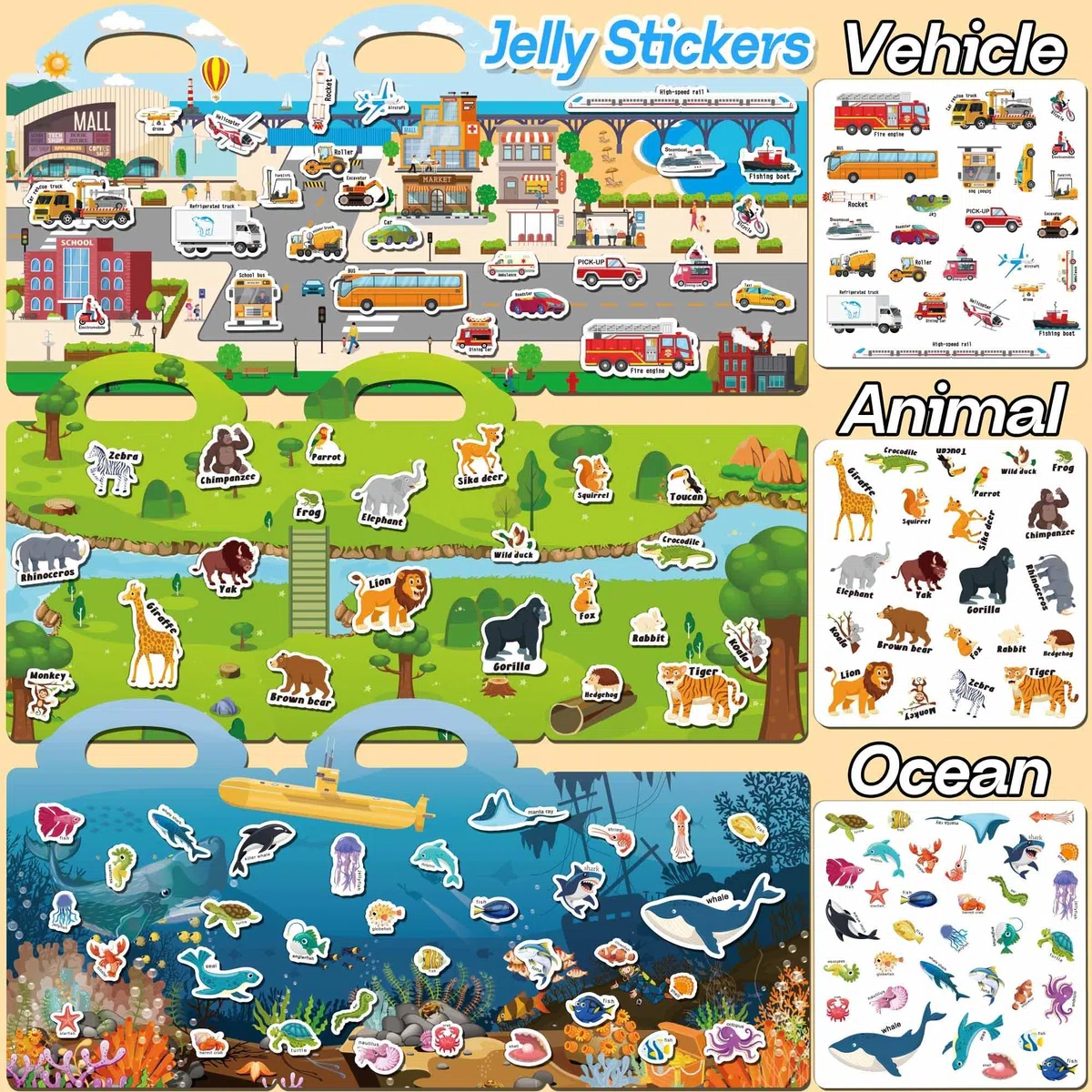 6 Libri Adesivi Riutilizzabili Bambini 2 3 4 Anni, Libro Adesivi Attacca e Stacca con Animali, Dinosauri, Corpo Umano, Supermercato, Veicoli, Mare – Sticker Book Educativo per Viaggio, Regalo Bimbo