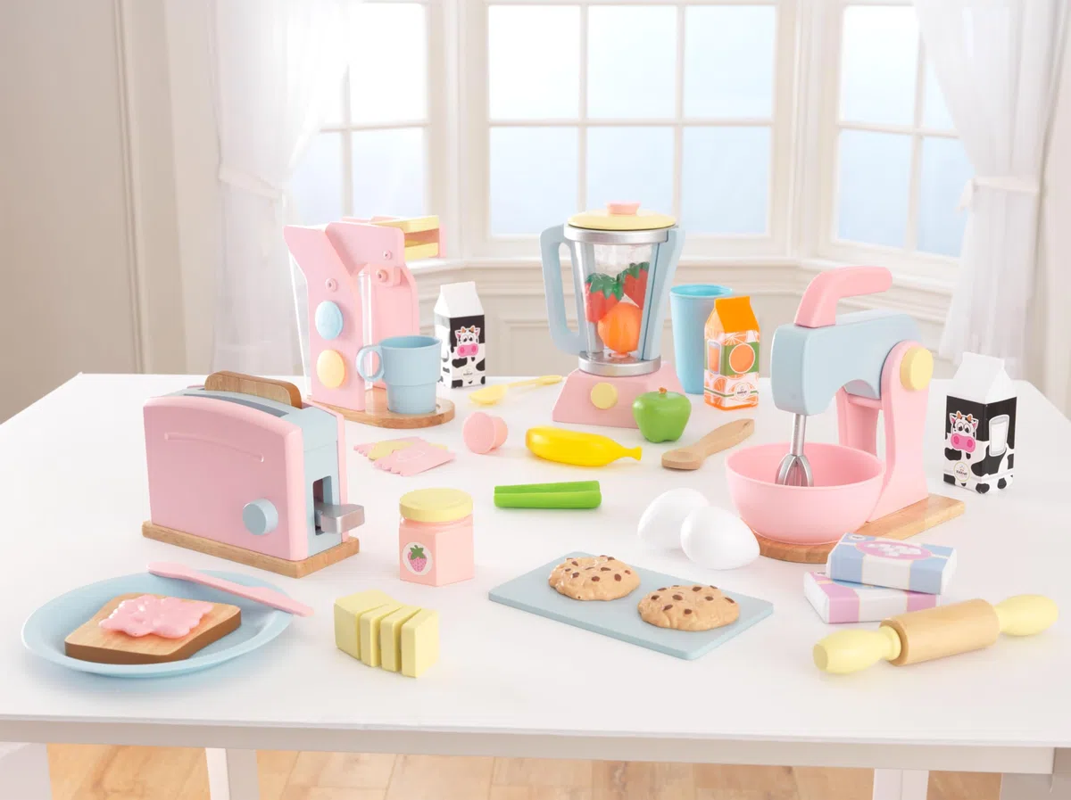 KidKraft Set Tostapane Giocattolo Pastello in Legno, Set Mini Elettrodomestici con Cibo Giocattolo per Cucina per Bambini, Accessori Cucina Bambini, 63374