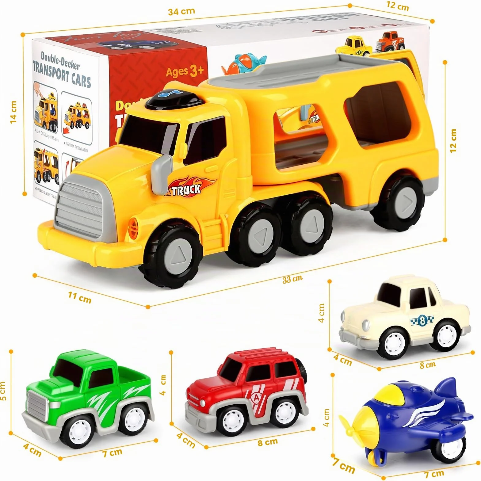 Aoskie Camion Macchinine 2 3 4 Anni, 5 in 1 con Suoni e Luci, 4 Mini Cars, Giocattolo Regalo per Bambino