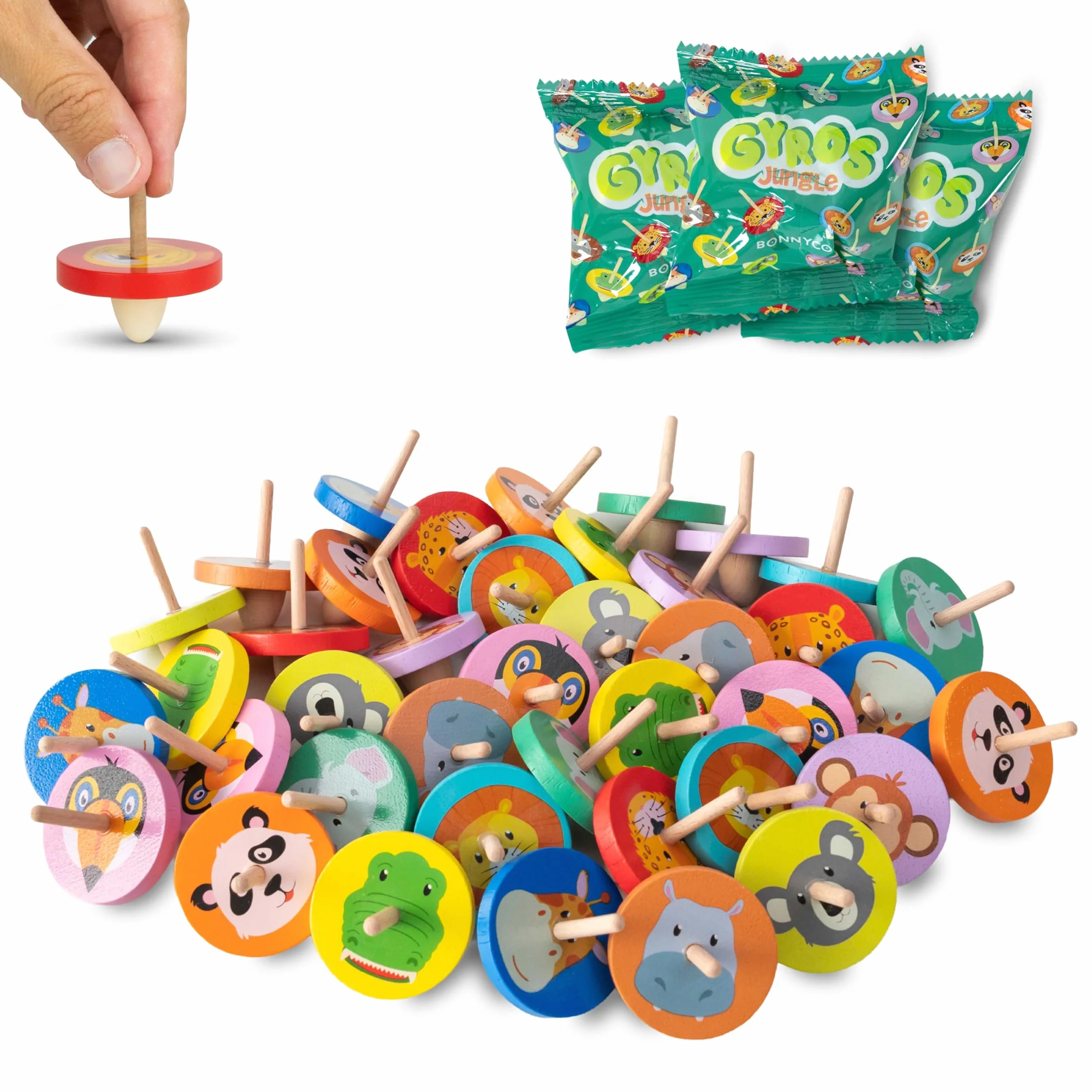 BONNYCO Trottola Bambini Legno Pack 40 Animali Giungla. Trottole Gadget Compleanno Bambini, Mini Giochi Regalini Fine Festa Compleanno. Regalino Fine Festa Dopo Invitati, Pensierini Giochini Scuola