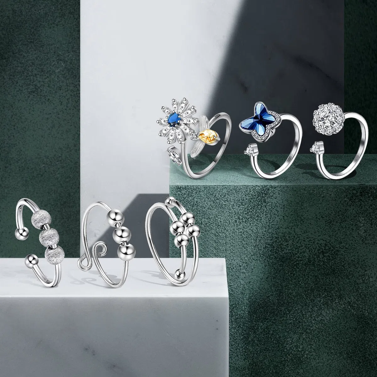 6 PCS Fidget Ansia Anelli Anelli Regolabili Set Open Spinning Fidget Rings Anello da Donna con Perline Anello Geometrico Rotondo con Perline Anello Girevole per Alleviare lo Stress