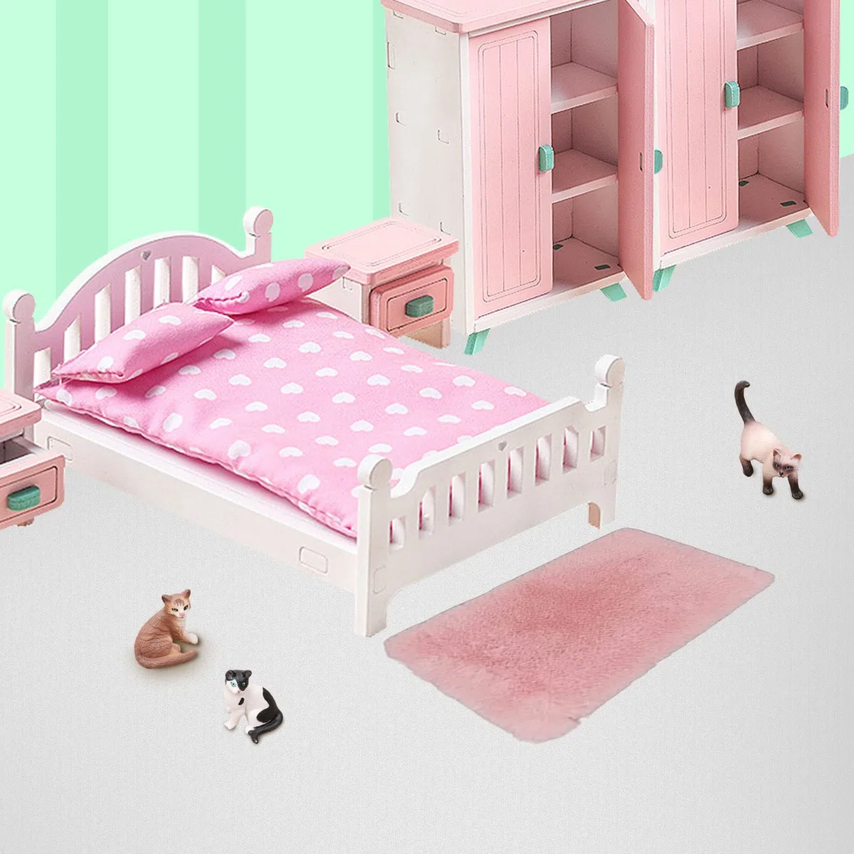 1/12 Miniatura Letto Matrimoniale in Legno Mini Comodino Camera da Letto Modello di Mobili per Bambole Decorazioni per La Casa Fai da Te,Mobili Dollhouse per casa delle Bambini Armadio Set Toy,7 pezzi
