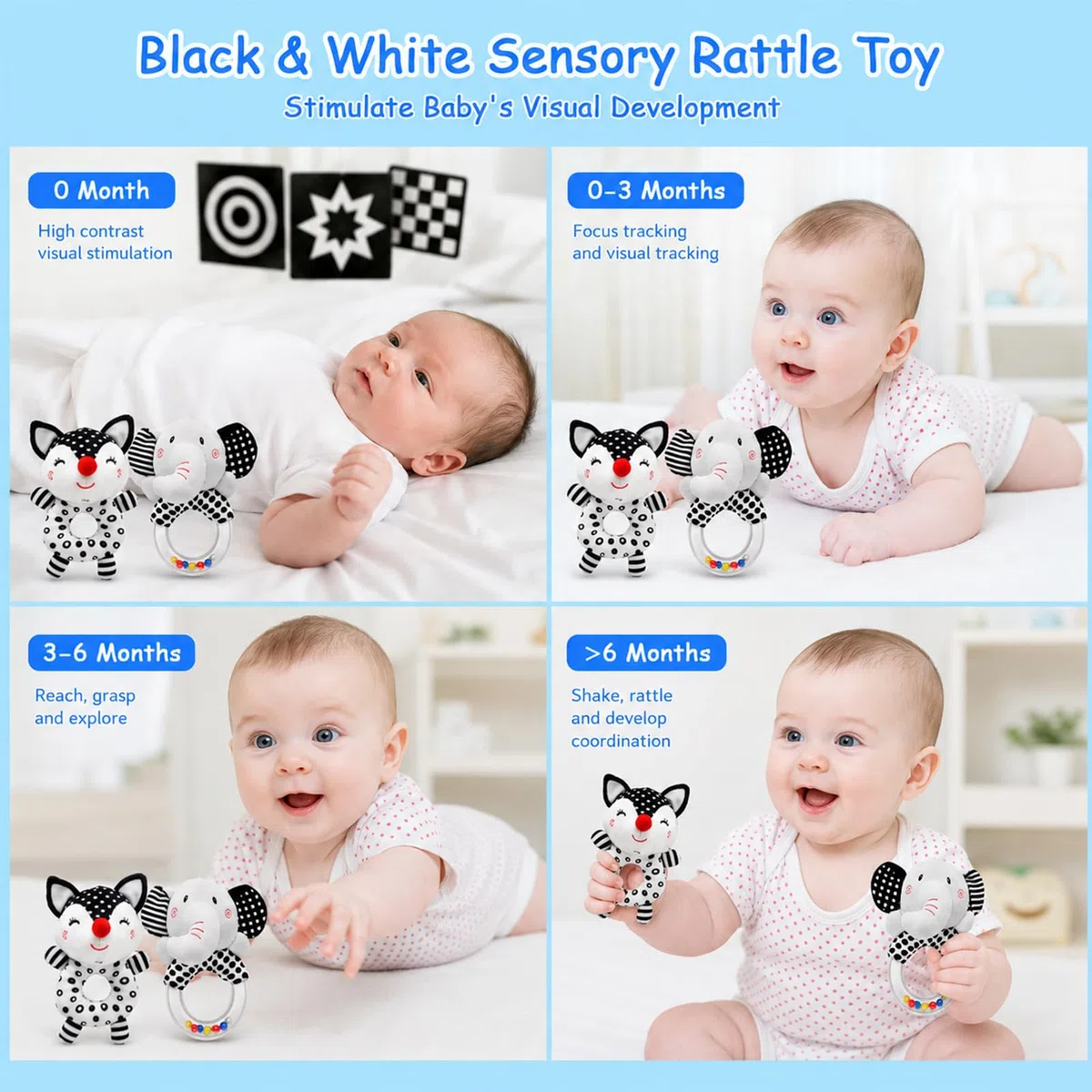JoyLife Giochi Neonato 0 3 6 Mesi, Sonaglio Neonato Bianco e Nero, Alto Contrasto Sensoriale Neonati Giocattoli, Giocattoli Morbidi a Sonagli Regalo per 3 6 9 12 Mesi Ragazzi e Ragazze