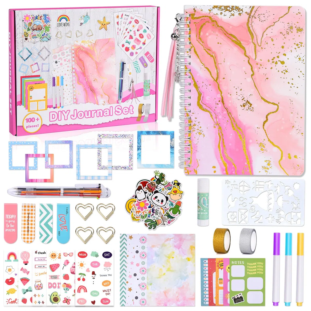Herenear Set di Accessori per Scrapbook, 92 Pezzi DIY Scrapbooking Kit con Estetico Journaling A5, 8 Fogli di Adesivi Contiene Oltre 100+ Modelli, Scrapbooking kit Regalo per Ragazze Compleanni