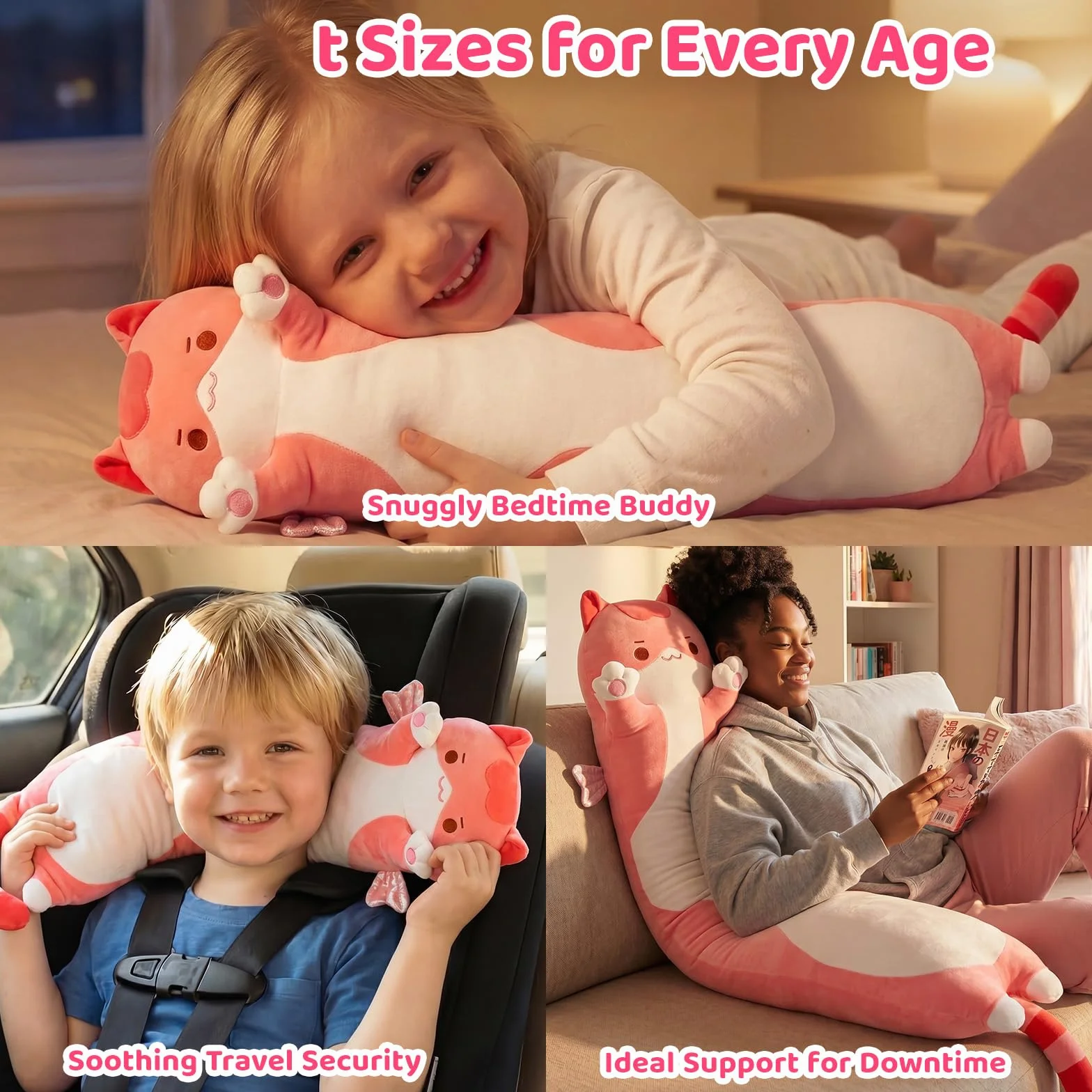 Mewaii Peluche Cuscino Kawaii Lungo Gatto Rosa 50CM per Bambina Cuscino di Peluche Animali Giocattoli Abbraccio Morbido Cuscino Giocattolo Regalo per Ragazza 3 anni in su