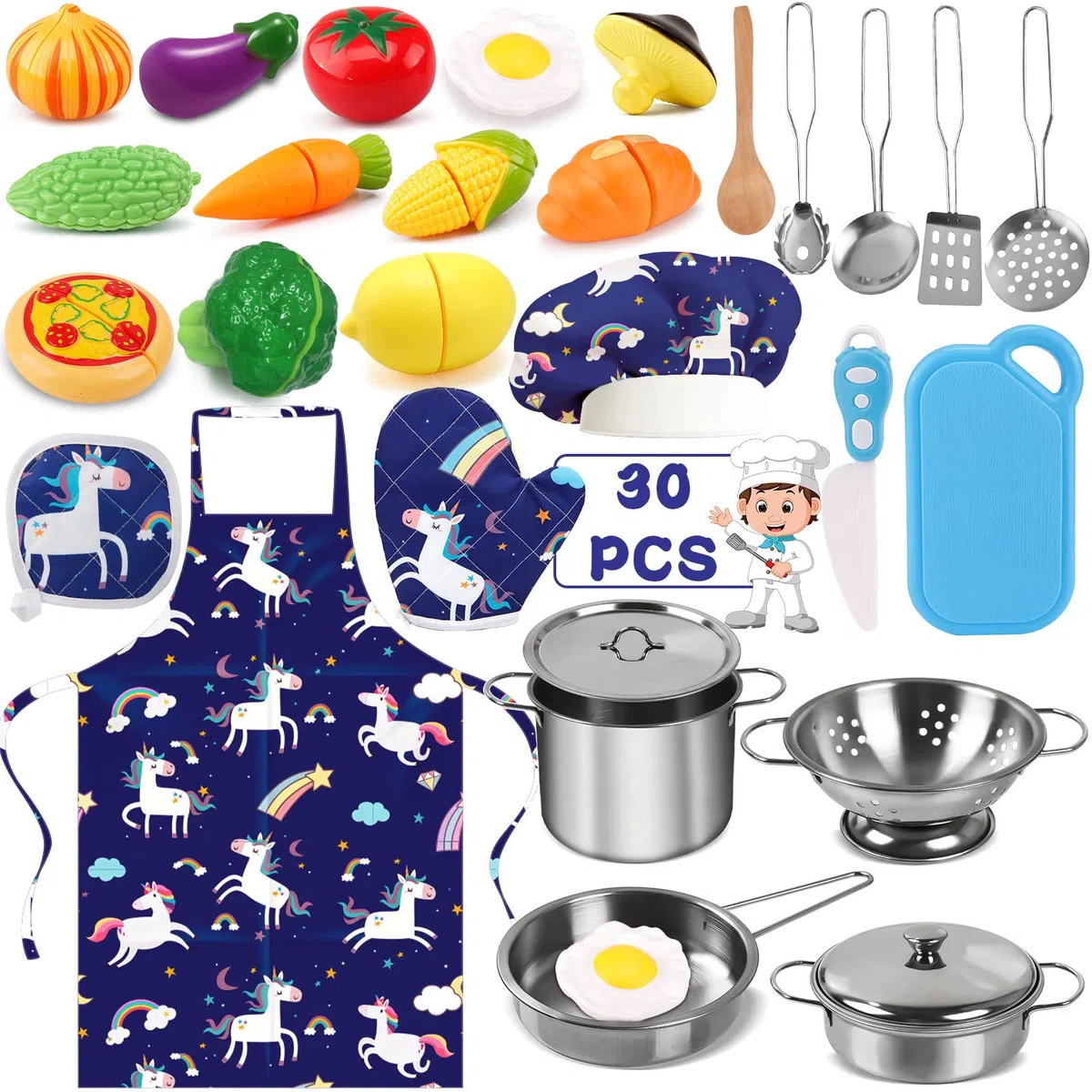 30 Pezzi Giocattoli da Cucina per Bambini, Set di Pentole e Padelle in Acciaio Inossidabile, Utensili da Cucina, Grembiule e Cappello da Cuoco