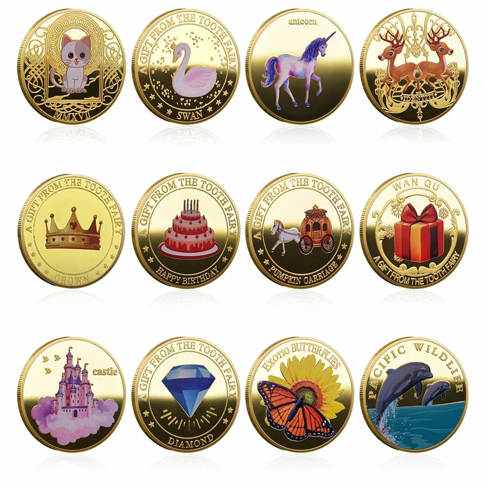 12 Pezzi Monete Fata dei Denti, Monete Fata dei Denti d'oro per Ragazze Ragazzi, Dente Perso Moneta Commemorativa Set Fata dei Dentini, Regalo Fatina dei Denti Per Bambini, Souvenir