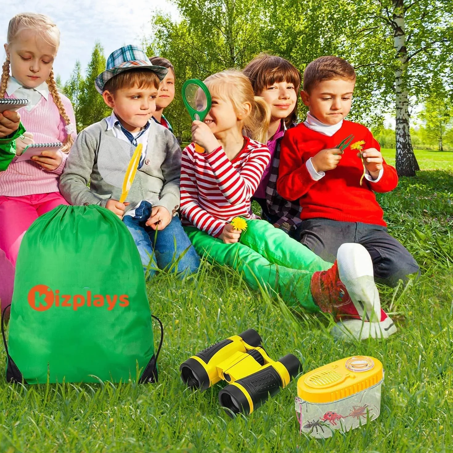 Kizplays Set Explorer Outdoor Giocattoli, Binocolo per Bambini Set Esploratore Avventuriero per Bambini 22 Pezzi con Pinzette Acchiappasetti Bussola Lente d'ingrandimento