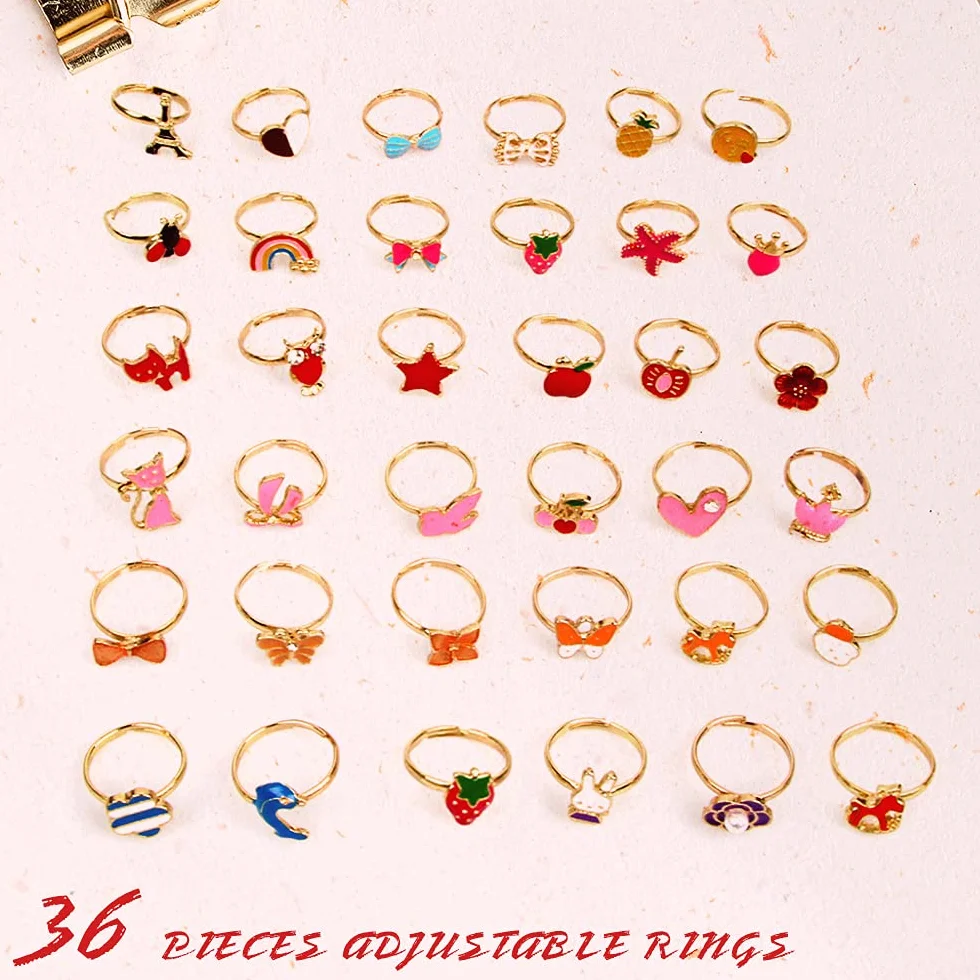 Set di Anelli per Bambine, 36 Pezzi Anello Bambina, Anelli per Bambini Gioielli, Ragazza per Bambini Anelli, con Vetrina a Forma di Cuore, per Bambini Favori di Compleanno (Stile Casuale)