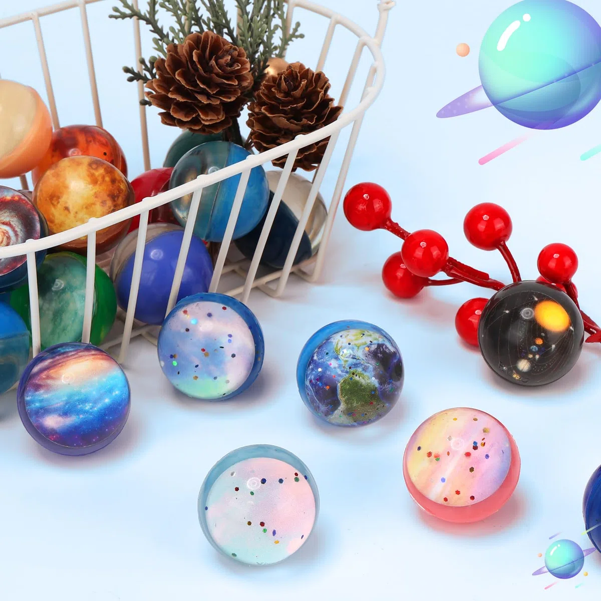 Pllieay 30PCS Galaxy Bouncy Balls, 32mmSpace Bouncy Balls Bulk, Space Party Favors Rubber Balls per bambini, Space Toys per bambini, riempimento della borsa regalo di Natale (30 stili)