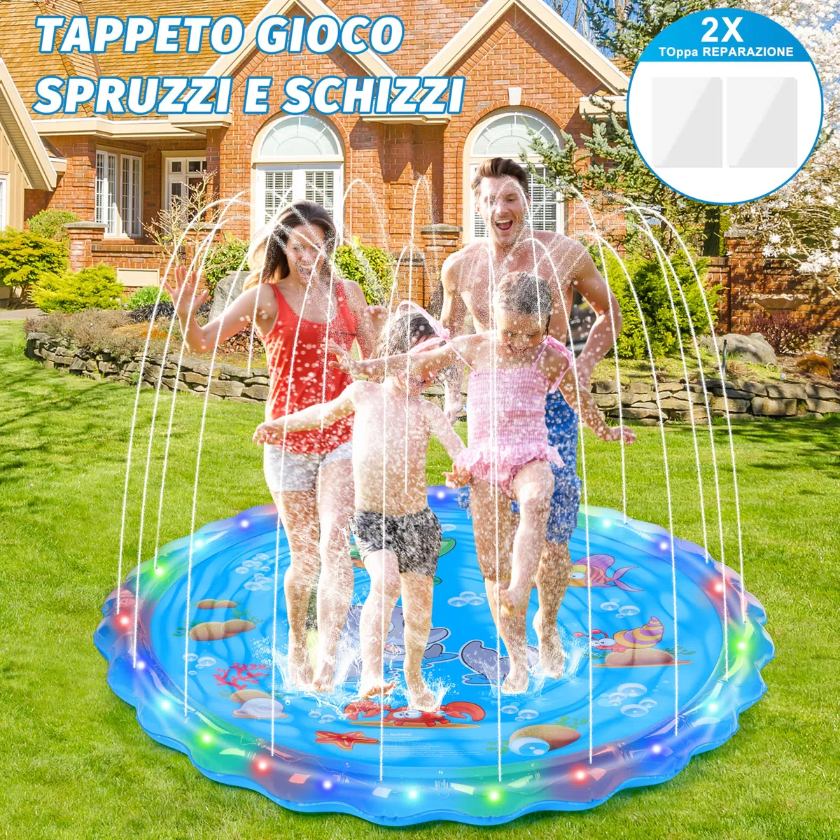 IEEILULU Tappetino Gioco d'Acqua per Bambini, 170cm Splash Pad, Giardino Estivo All'aperto Spray Acqua Giocattoli per Bambini (Blu)