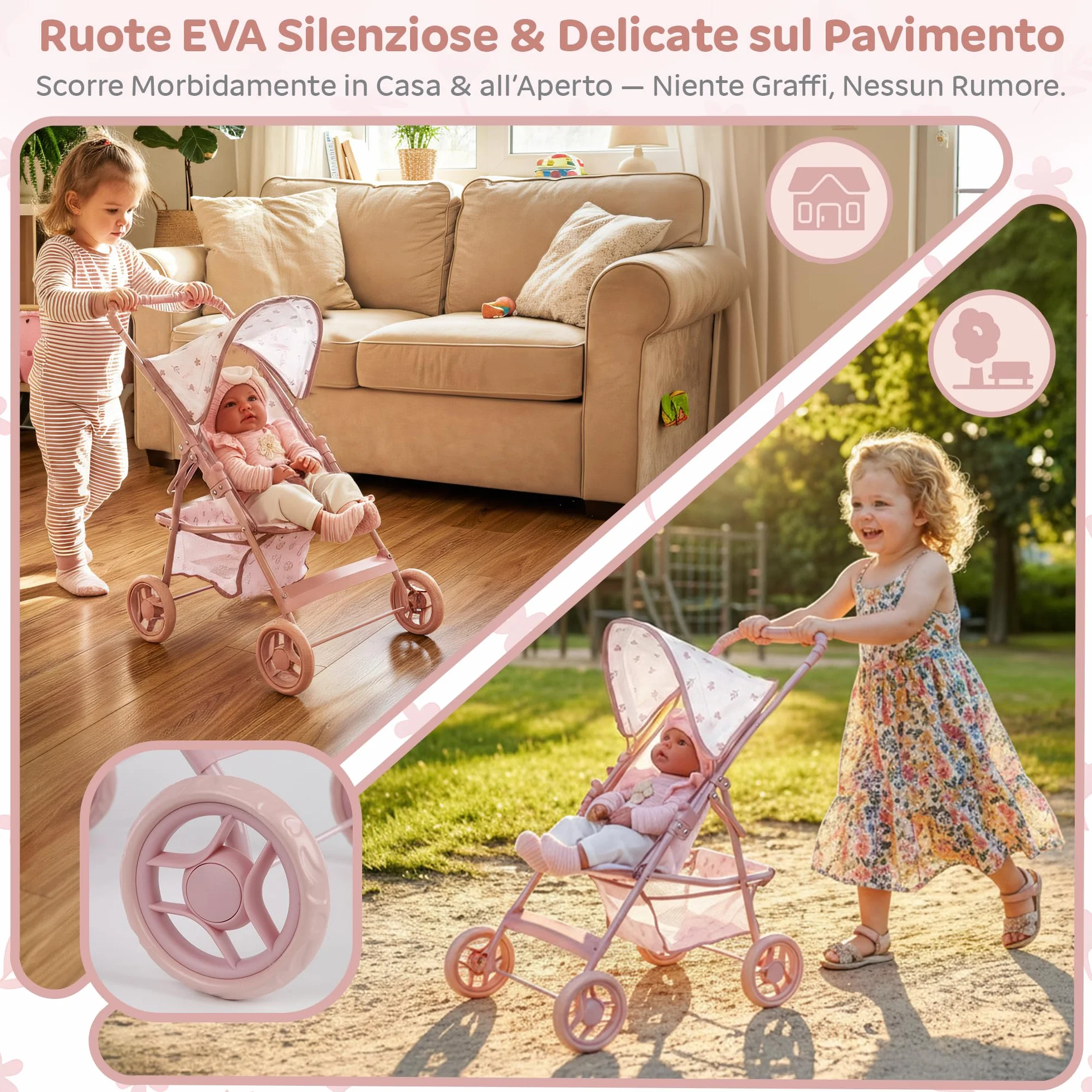 Kinderplay Passeggino per bambole dai 3 anni in su - Passeggino leggero e pieghevole, con ruote in EVA, cinghia e tettuccio, colore rosa
