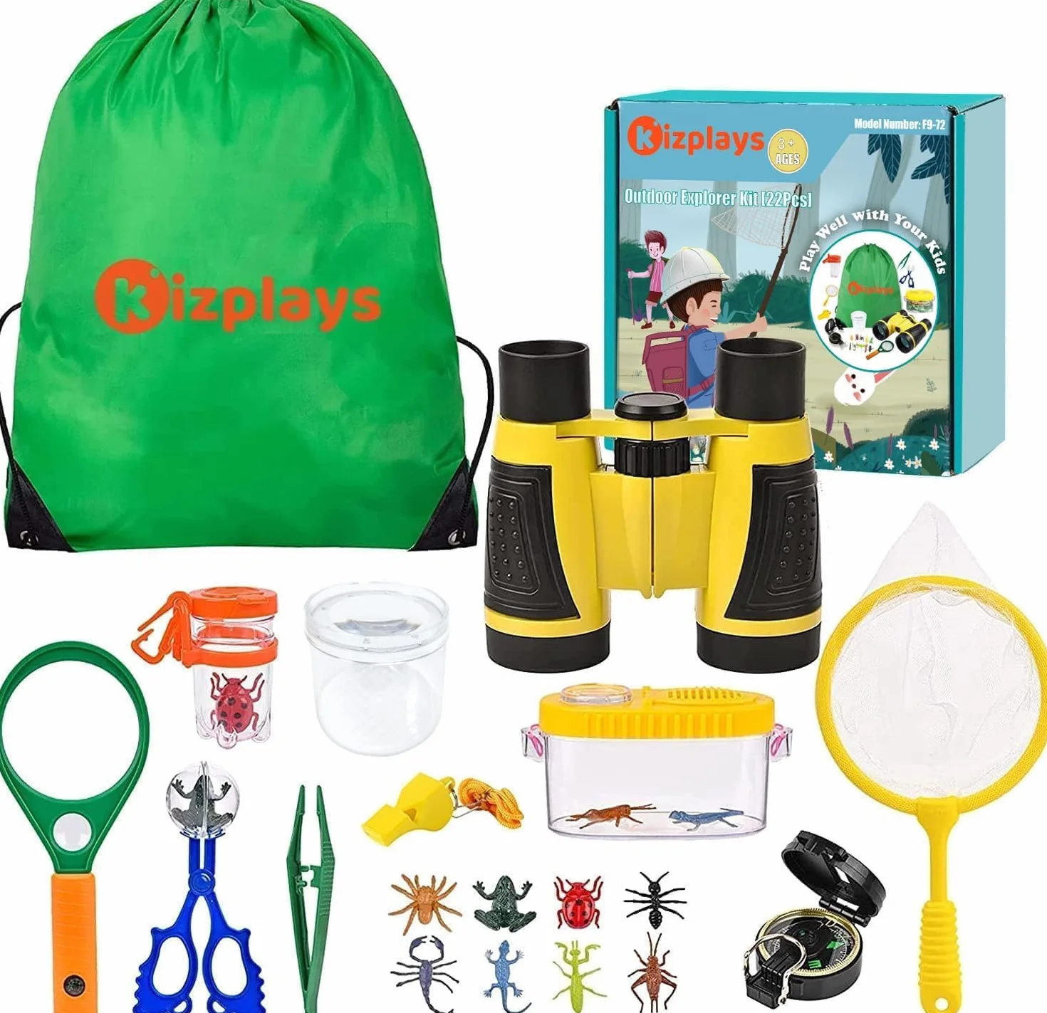 Kizplays Set Explorer Outdoor Giocattoli, Binocolo per Bambini Set Esploratore Avventuriero per Bambini 22 Pezzi con Pinzette Acchiappasetti Bussola Lente d'ingrandimento