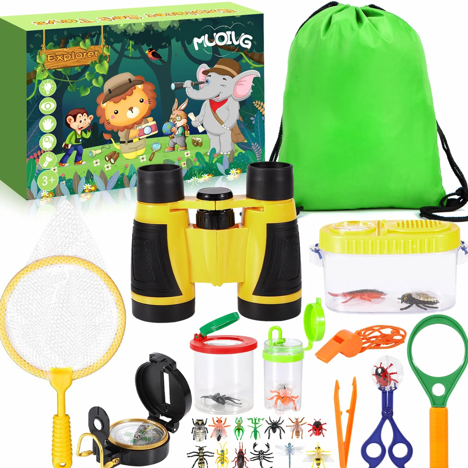 Set di Giocattoli da Esploratore Esterno, binocolo per Bambini 27 Pezzi Set da Esploratore per Bambini avventuriero,Giocattoli da Regalo incl pinzette, Bussola, Fischio, Lente d'Ingrandimento