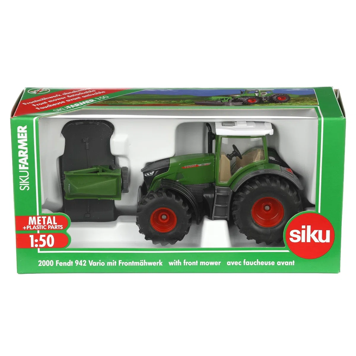 Siku 2000, Trattore Fendt 942 Vario con falciatrice frontale, Metallo/Plastica, 1:50, Verde, Falciatrice e cabina rimovibili, Gancio di traino