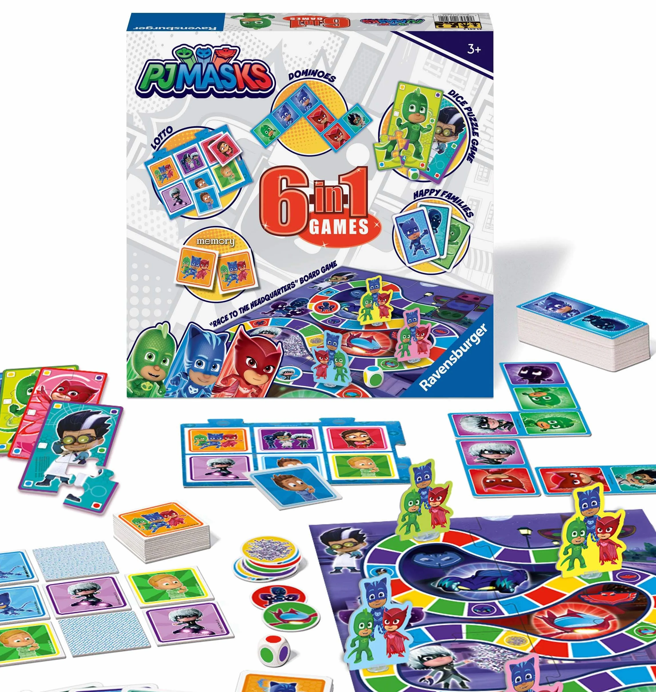 Ravensburger PJ Masks - Compendio 6 in 1 per bambini e famiglie dai 3 anni in su, Bingo, Domino, Serpenti e Scale, Dama e Carte da Gioco e Gioco di Memoria