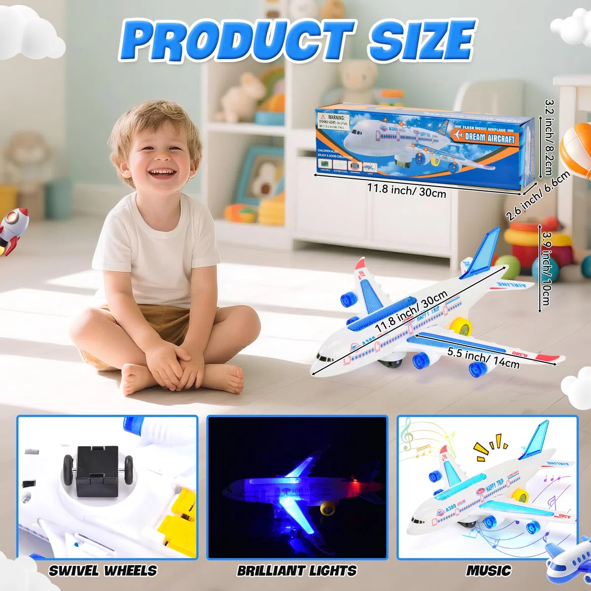 Aereo Giocattolo con Luci LED e Suoni di Decollo Realistici, Funzione Bump and Go, Aeroplano Giocattolo, Ragazzi e Ragazze dai 3 Anni in Su (30cm)