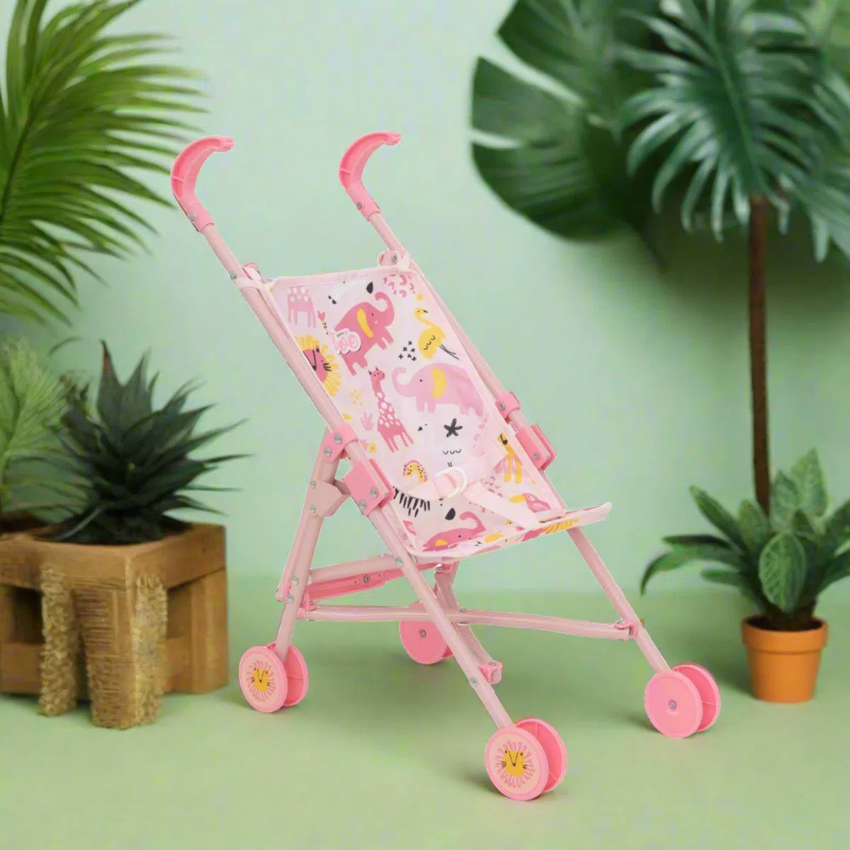 BabyBoo - Passeggino singolo, passeggino per bambole, passeggino ombrello, pieghevole, giocattolo per giochi di ruolo bambini dai 2 anni in su (giungla rosa)