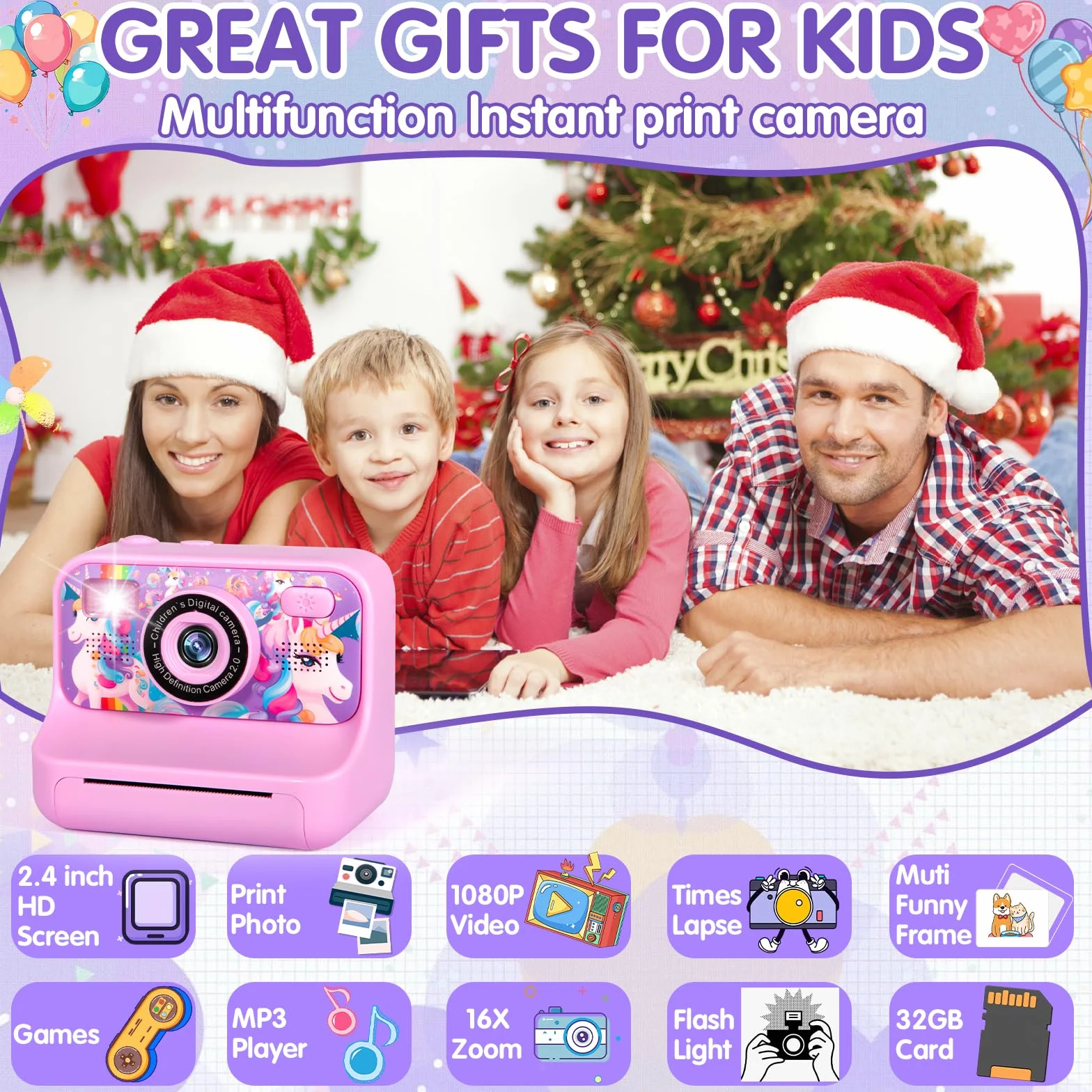 Macchina Fotografica Bambini Istantanea, Fotocamera Istantanea 2.4" 1080P Fotocamera Bambini con 32GB Schede e Carta da Stampa, Modalità Selfie e Video,Regali per Ragazzi Ragazze da 3-12 Anni